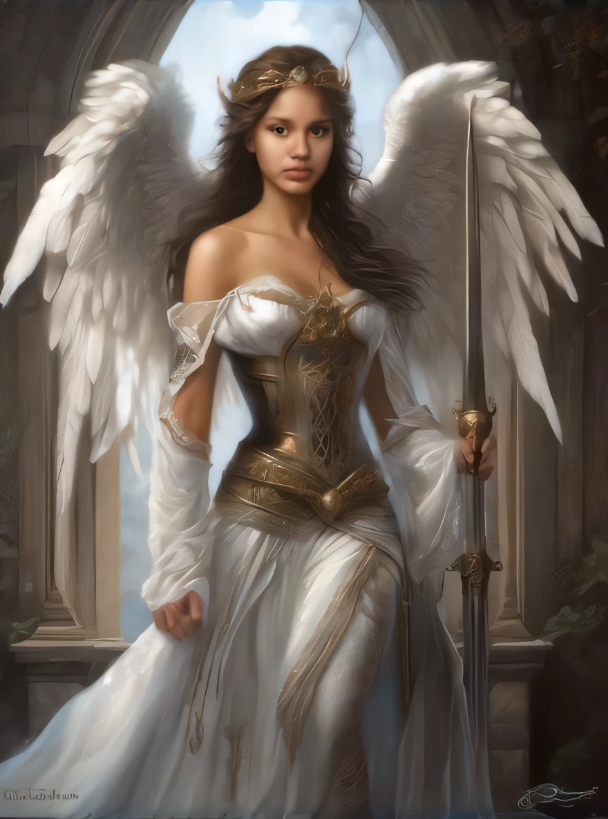 uma pintura de uma mulher vestida de branco segurando uma espada, anjo feminino bonito, tall female angel, anjo bonito, menina do cavaleiro do anjo, Retrato de um anjo bonito, de anjo lindo, Anjo majestoso de corpo inteiro, angel knight gothic girl, Graphic artist Magali Villeneuve, Magali Villeneuve», de uma menina anjo bonita, angelic, cheio de pinturas de anjos