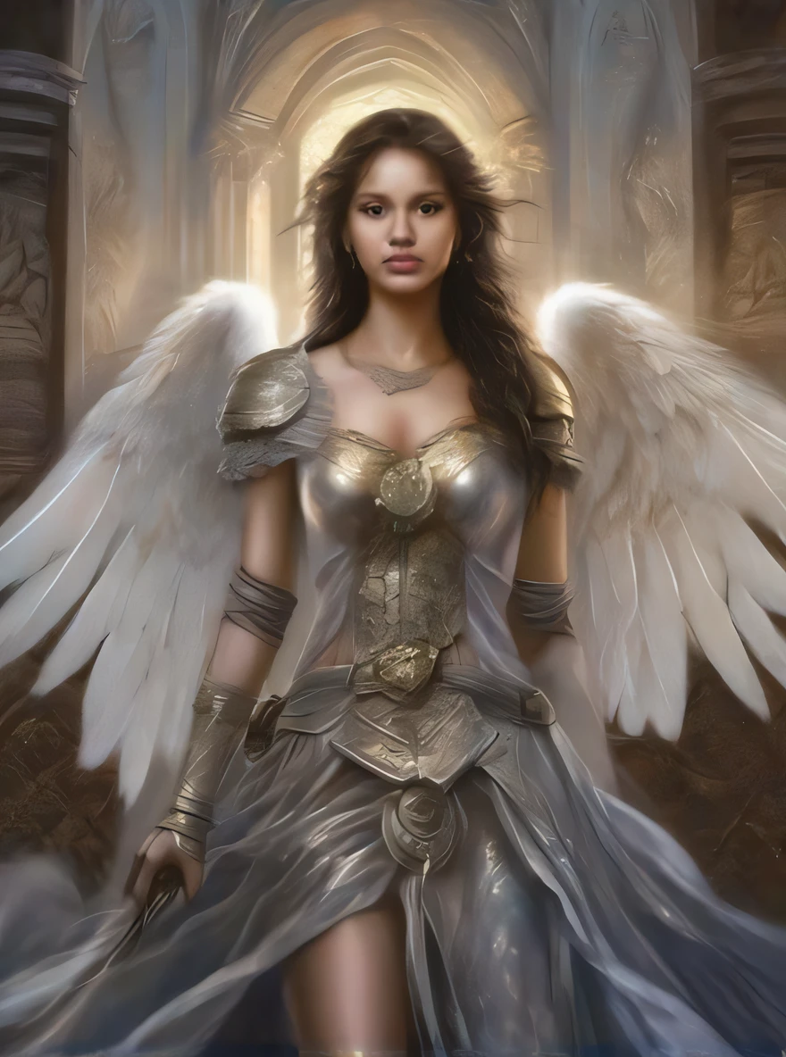 a painting of a woman with wings standing in a room, anjo feminino bonito, anjo bonito, de anjo lindo, menina do cavaleiro do anjo, Retrato de um anjo bonito, de uma menina anjo bonita, tall female angel, angel knight gothic girl, Anjo majestoso de corpo inteiro, angel in plastic armor, menina do anjo, angelic, anjo da menina alada, anjo protegendo a mulher