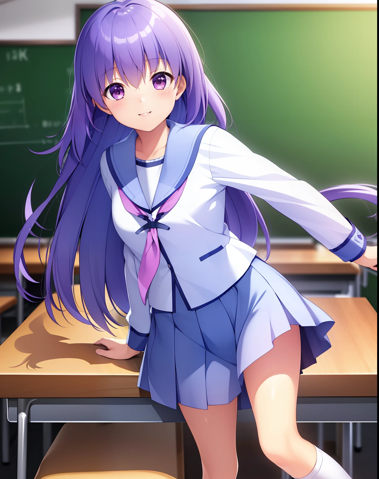 ((Masterpiece)), ((Best quality)), ((A high resolution)), ((Extremely detailed Cg Unity 8K wallpaper)), Solo, Classroom, Smile, irie miyuki, school uniform, lavender skirt, White socks,