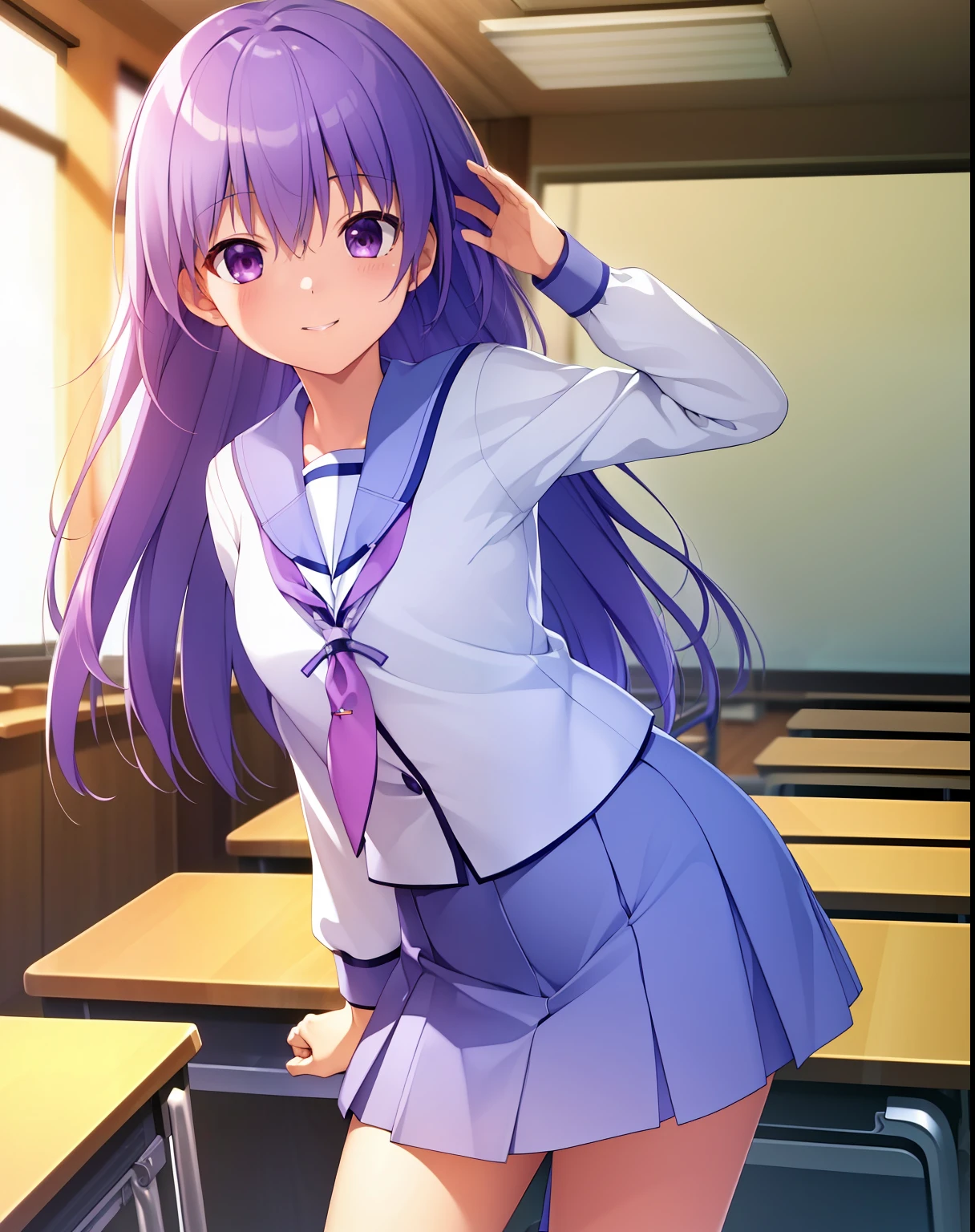 ((Masterpiece)), ((Best quality)), ((A high resolution)), ((Extremely detailed Cg Unity 8K wallpaper)), Solo, Classroom, Smile, irie miyuki, school uniform, lavender skirt, White socks,