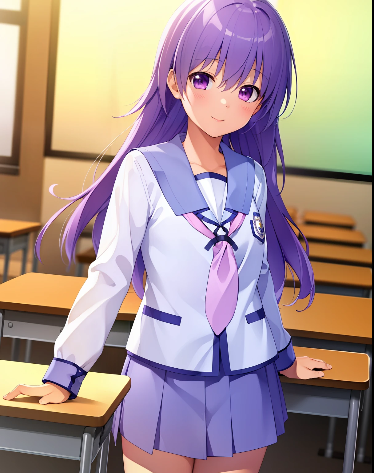 ((Masterpiece)), ((Best quality)), ((A high resolution)), ((Extremely detailed Cg Unity 8K wallpaper)), Solo, Classroom, Smile, irie miyuki, school uniform, lavender skirt, White socks,