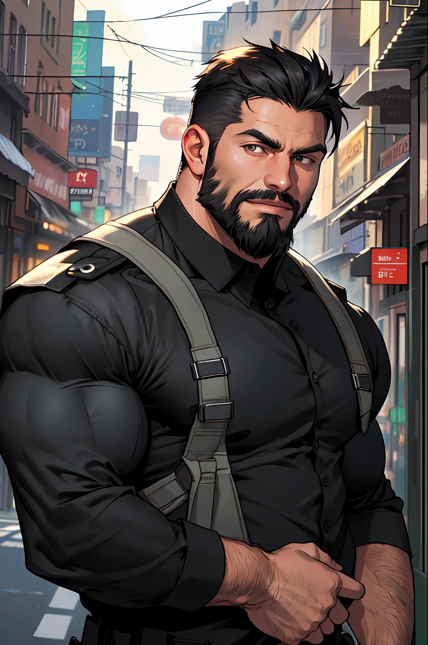 Best quality, masterpiece, super high resolution, detailed background, realistic, illustration, single, 1 boy, muscle man, beard, swat, street, muscular, facial hair, volumetric lighting, depth of field,black clothes