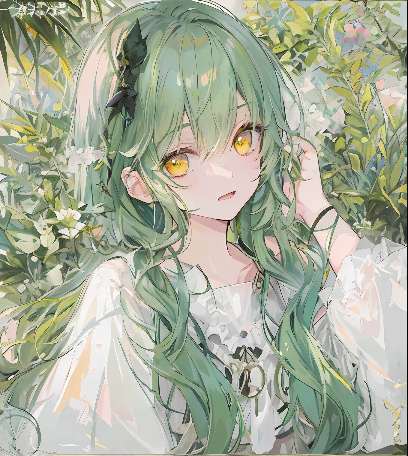 tmasterpiece,Best quality at best,A girl,Solo,Pale green hair,Pale yellow eyes,painter,Brush in hand