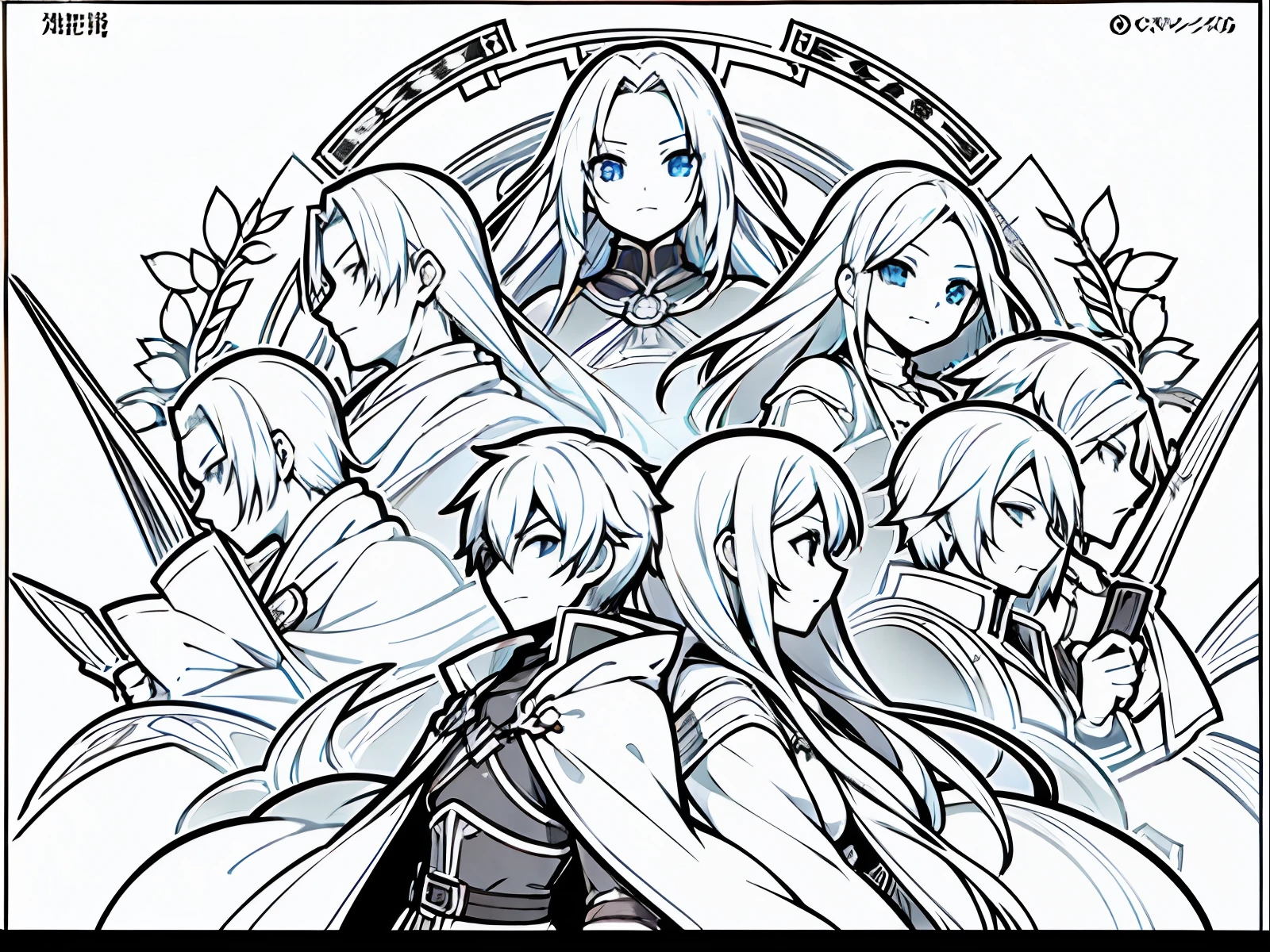 cover for book, cover for JRPG title, featuring many characters, golden frames, rpg class, rpg art style, rpg portrait, rpg artwork, lot of characters, a lot of characters, multiple figures