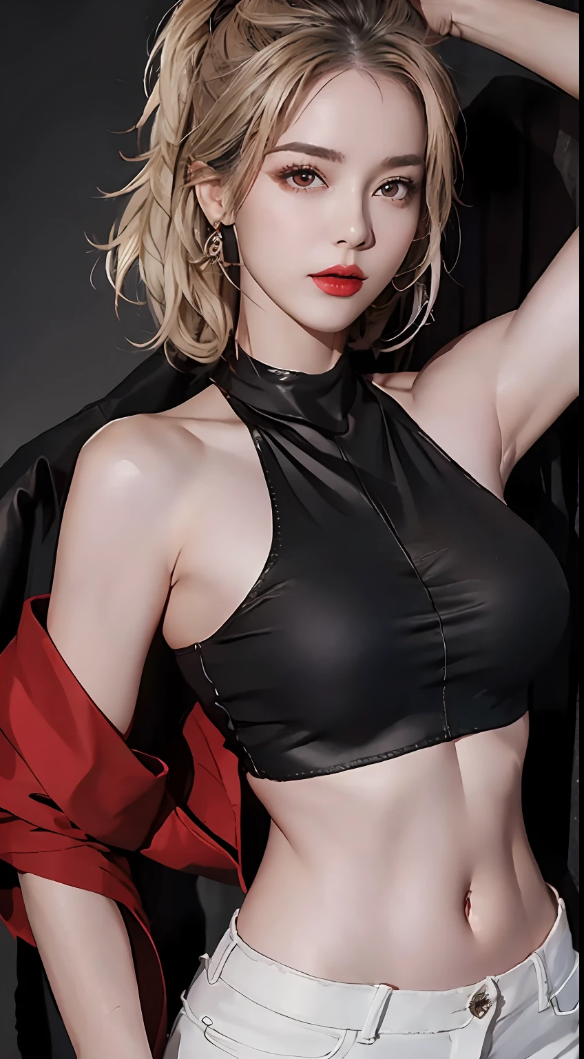girl with, bangss, bare shoulders, Black pants, breastsout, Breasts squeezed together, greybackground, hair between eye, huge-breasted, length hair, Look at viewers, Underpants, cparted lips, red eyes, The shirt, simple background, Sleeveless, sleeveless shirts, 独奏, turtle neck, V arm, white hair,(shinny skin),(masterpiece:1.4),(top-quality:1.4),A MILF,Facigirl,red-lips、Perfect Abs、Navel Ejection、(teats:1.5)、(Sheer areola)、teats、爆乳、perspiring、Slender body