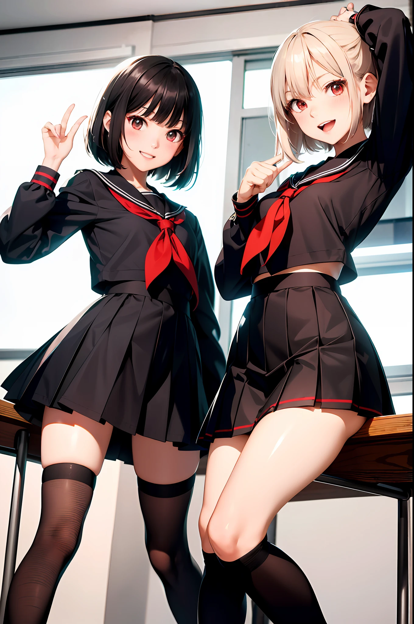 (top-quality、in 8K、32K、masterpiece、nffsw、超A high resolution、Impresionismo、Photorealsitic:1.2)、Full body, Inside the classroom、Schools、Evening glow、beauitful face、blurry backround、-yeld beiful girl、shinny skin、bob cuts、Beautiful black hair、Red Eyes、(Katyusha:1.2)、a sailor suit、Pleated miniskirt、Curve、dynamicposes、Smile with open mouth、Two girls