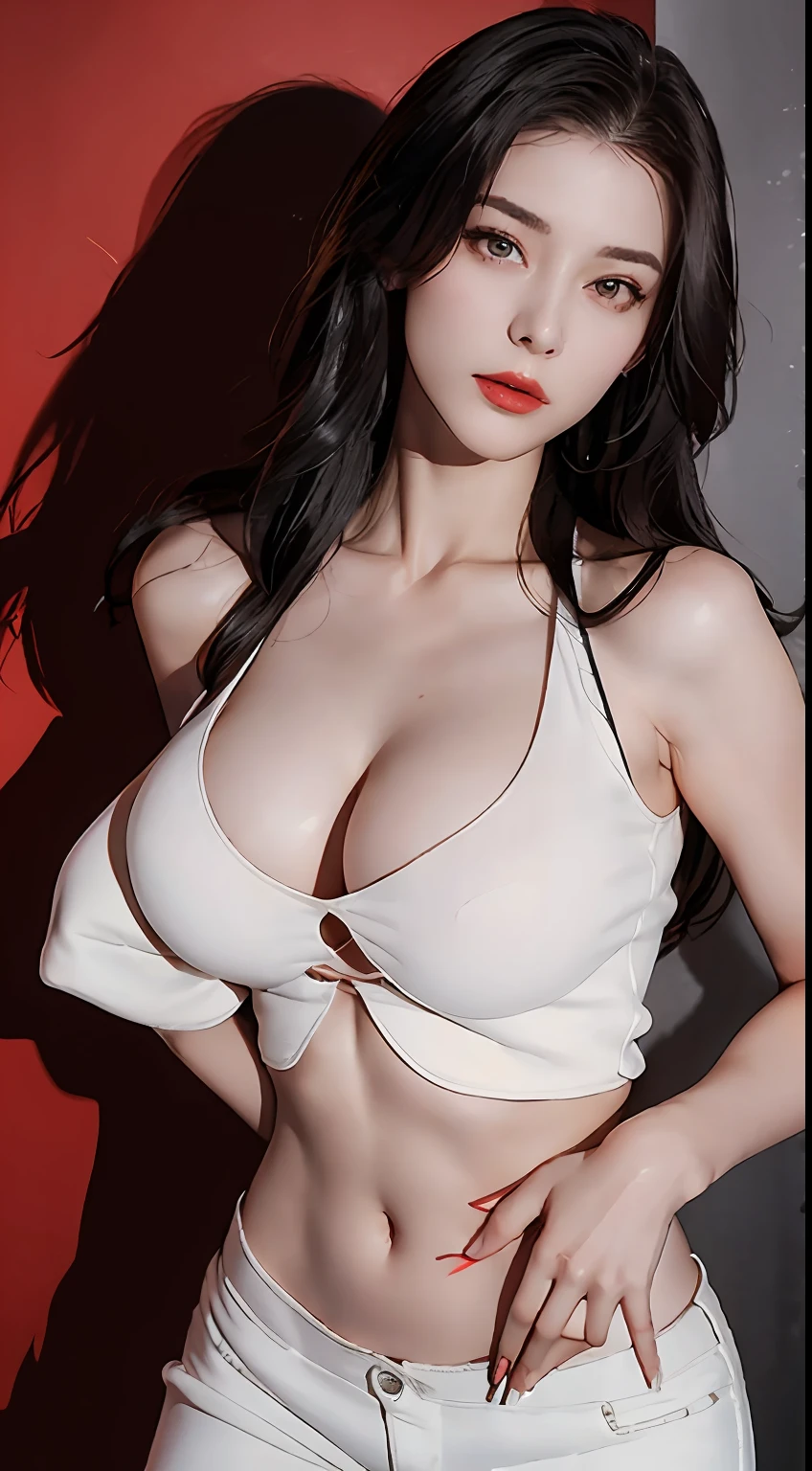 girl with, bangss, bare shoulders, Black pants, breastsout, Breasts squeezed together, greybackground, hair between eye, huge-breasted, length hair, Look at viewers, Underpants, cparted lips, red eyes, The shirt, simple background, Sleeveless, sleeveless shirts, 独奏, turtle neck, V arm, white hair,(shinny skin),(masterpiece:1.4),(top-quality:1.4),A MILF,Facigirl,red-lips、Perfect Abs、Navel Ejection、(teats:1.5)、(Sheer areola)、teats、爆乳、perspiring、Slender body
