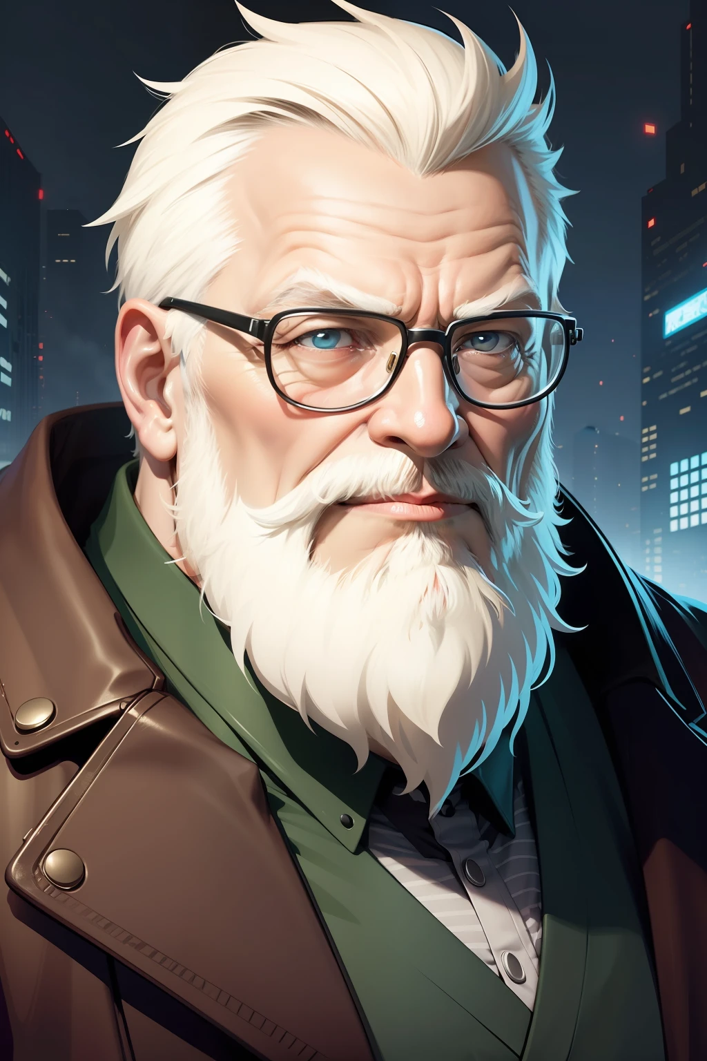 Cartoon of a man with a white beard and glasses, A old man, Old Man, Cyberpunk Old Man, A old man, !!! very coherent!!! Vector art, wise old man, drawn with photoshop, japanese illustrator, hayao miyazaki style, in style of digital illustration, old man portrait, digitally drawn, cartoon digital painting, In a Japanese anime style, looking old