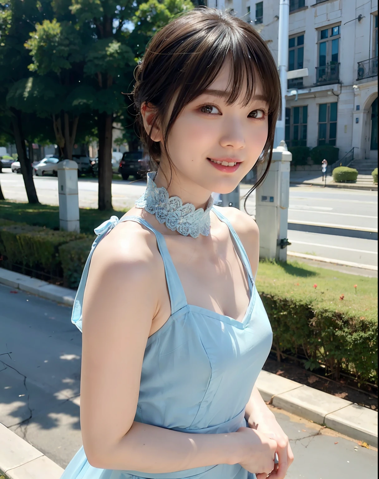 a woman posing on the street corner with light blue dress on、top-quality、 1 a person、large full breasts、tag、with light glowing、Blur background、bokeh dof、outside of house、(street:0.8)、(a person々、crowd:1)、(lace-trimmed)doress:1.5、sleeveless dress、Water-colored suit、Light Blue High Neck Dress:1.2、Blue Dress:1.5)、a gorgeous(short-hair、forehead:1.2)、Beautiful sky with details、耳Nipple Ring、(dynamicposes:1.2)、 (The upper part of the body:0.8)、Soft lighting、the wind、glowy skin、a smile、maid clothes、
