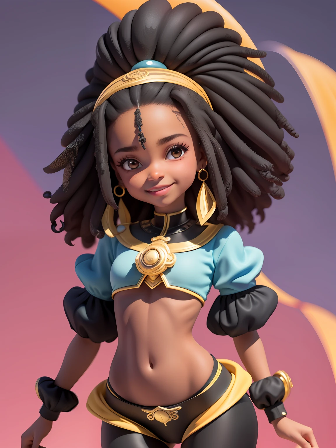 (obra-prima), (melhor qualidade), (ultra-detalhado), (corpo inteiro: 1.2), mulher negra, adolescente, universo de fantasia, roupas leves, sorriso claro, turbante, corpo inteiro, :3, roupas afro, princesa, blurry, cabelo castanho, cabelo preto, fundo simples.