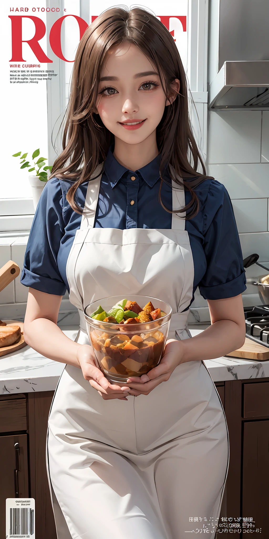 (Best Quality, Masterpiece), Women's Cooking Magazine Cover, 1girl, 20 years old, stunning, cute, warm smile, hourglass figure, floral dress, apron, food, text, chart, advertising, magazine title