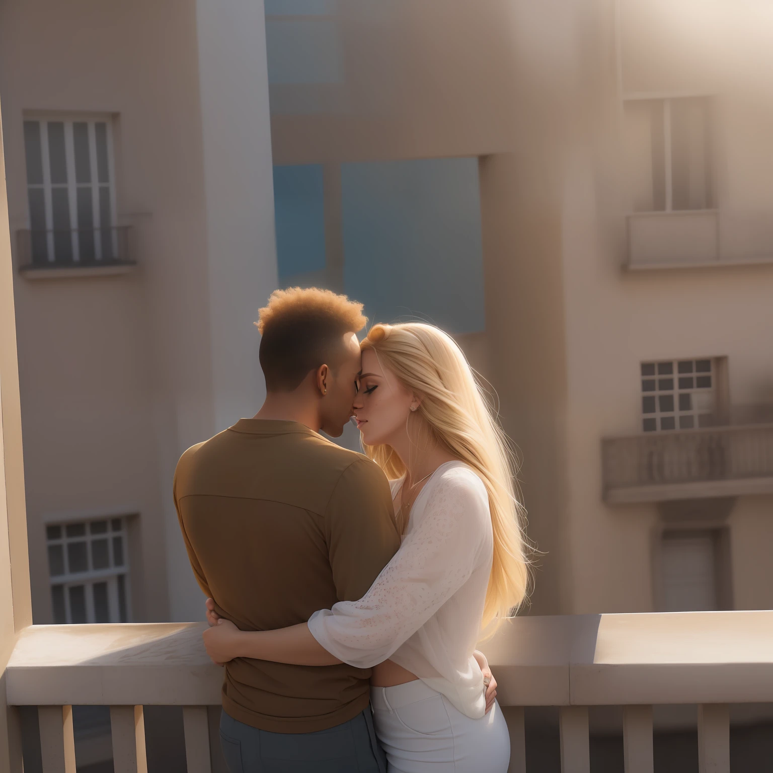 Couple in love hugging and kissing on the balcony of a building, um homem ((30 anos,pele caramelo, com cavanhaque, corte buzz)) E mulher ((americana, 25 anos, pale skin and freckles, olhos cinzas, nariz delicado, soft and delicate lips, cabelo blondie cinza longo e ondulado)), dinamic poses, ultrarrealista HD altamente renderizado fotorrealista, luz natural do dia, Fuji Camera, foto de corpo inteiro, sun illuminating