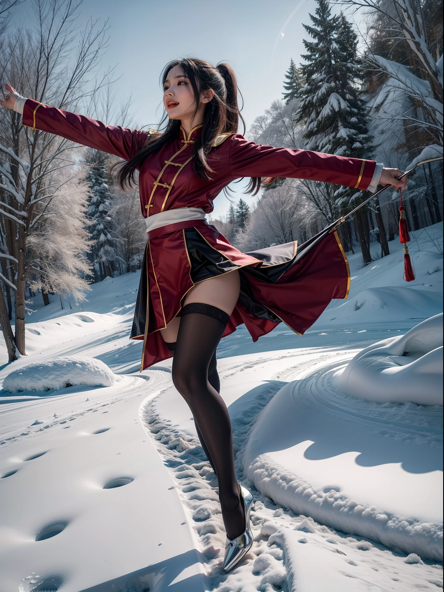 Splitting characters is prohibited,(Full body shot:1.3), Must show your face, anatomy correct, Dance on top of snowy mountains,The breath of nature,Polished pointed-toe heels must be worn,Stocking tights are mandatory, Colorful Chinese JK student uniforms, A shallow laugh, Complex and diverse backgrounds,Strangling effect,hyper HD, Ray traching, structurally correct, Award-Awarded, high detal, lightand shade contrast, Face lighting,cinmatic lighting, tmasterpiece, super detailing, high high quality, high detal, best qualityer, 16k
