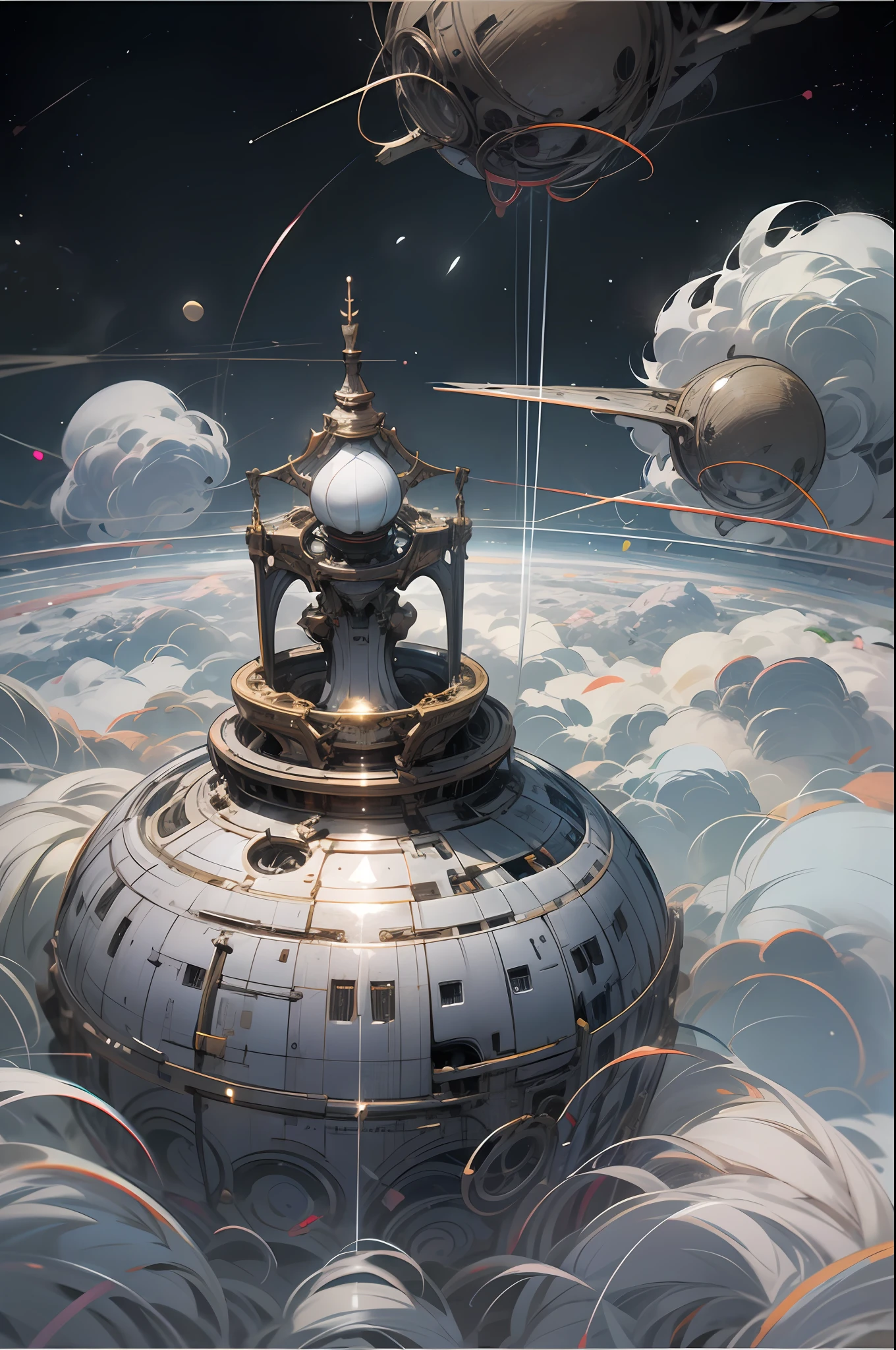 dynamic viewing angle，（levitating：1.5），（A huge mechanical city floating in space：1.3），mirai，（Thick clouds：1.4），in style of hayao miyazaki，Rejoice，Perfect quality，Clear focus（Clutter - home：0.8）， （tmasterpiece：1.2）， （realisticlying：1.2） ，（Bokeh：0.5）， （best qualtiy）， （detailedskin：1.3） ，（complexdetails）， （8K）， （detailedeyes） ，（Sharp focus），,（having fun），（Award-winning digital artwork：1.3） af （sketching：1.3），（with dynamism：1.3）,studiolight,Theme，looking from above, the space, afloat， --v 6
