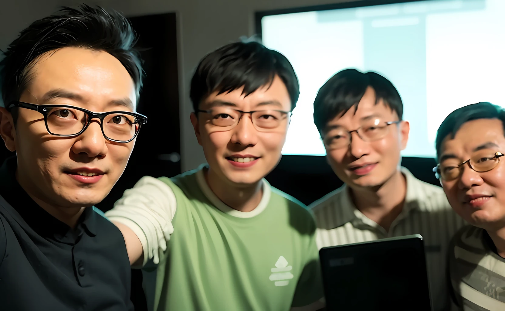 there is a man with glasses and a green shirt in a room, zeng fanzh, 8k selfie photograph, huifeng huang, liang xing, lin hsiang, 38 years old, 3 6 years old, leng jun, kakar cheung, xintong chen, 3 2 years old, phong yintion j - jiang geping