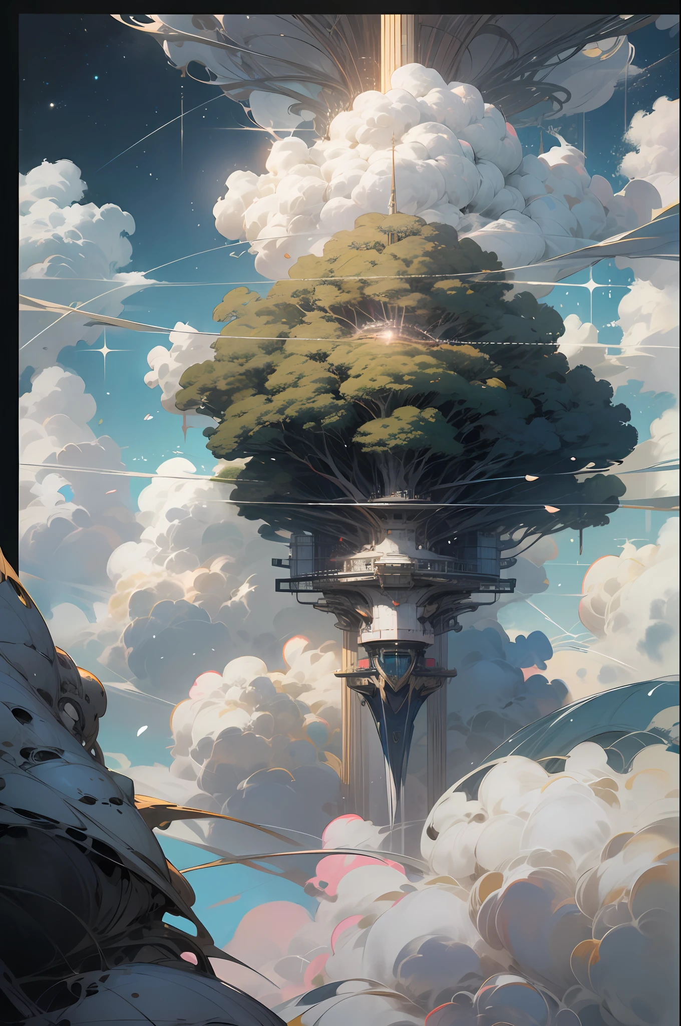 dynamic viewing angle，（levitating：1.5），（A huge mechanical city floating in space：1.3），（城市：1.4），（Thick clouds：1.4），in style of hayao miyazaki，Rejoice，Perfect quality，Clear focus（Clutter - home：0.8）， （tmasterpiece：1.2）， （realisticlying：1.2） ，（Bokeh：0.5）， （best qualtiy）， （detailedskin：1.3） ，（complexdetails）， （8K）， （detailedeyes） ，（Sharp focus），,（having fun），（Award-winning digital artwork：1.3） af （sketching：1.3），（with dynamism：1.3）,studiolight,Theme，looking from above, the space, afloat， --v 6