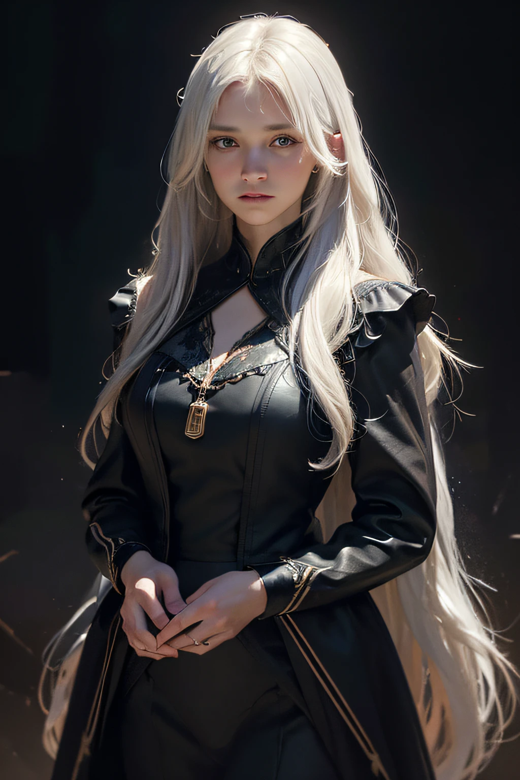 (front focus),(in the dark:1.6), Hyperrealist portrait of female by david hockney and alphonse mucha,fantasy art, photo realistic, dynamic lighting, artstation, poster, volumetric lighting, very detailed faces, 4 k, award winning,, 1girl, in the dark, deep shadow, low key,cowboy shot,(official clothing:1.4) ,long hair,white hair,