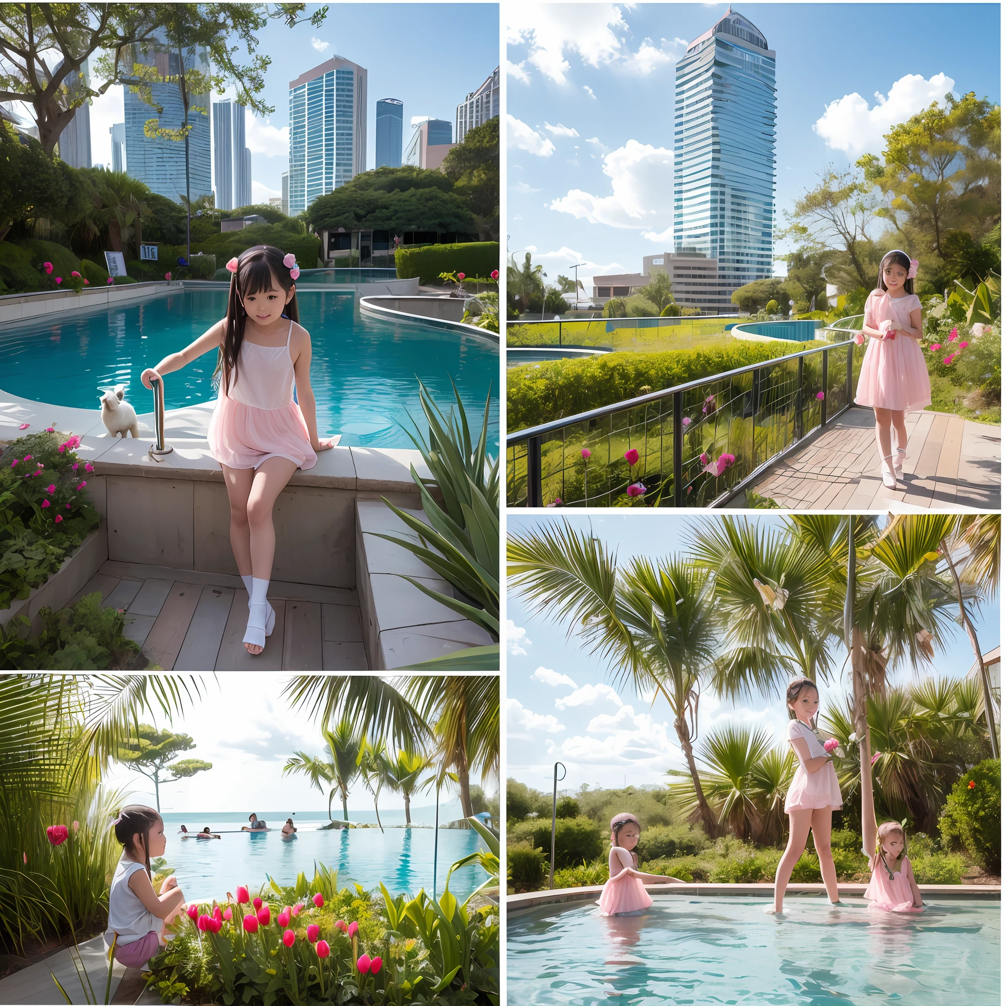 180-storey infinity pool，The tallest building in the city's forest，Sports Center，Bonsai around，Luo Han Song，coconut palms，coconut crab，tulips，Rose flower，Tease the alpacas to play，There were five little girls wearing openwork translucent stockings，Pouting and smiling，is shy，Pout，Pink, gold, White, Blue, Five colors, Two-tailed hair and cyan eyes，Anime little girl in servant costume