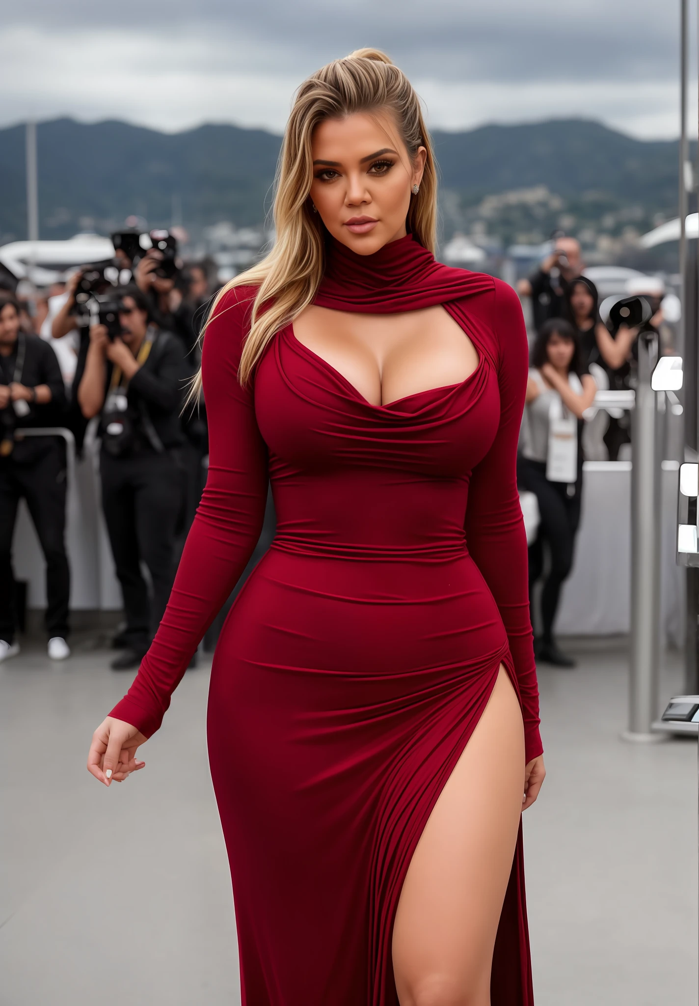 Khloé kardashian red cowl neck dress, high boots, thighs show, posing in cannes red carpet, no bindi, hourglass figure, big breasts, 90% breasts popping out, massive cleavage show, nipple slip, fit, seductive face, look at a camera and laugh, wet ponytail hair, erotic adult face, 40 yo, soft volumetric lights, intricate details, (ArtStation:1.2)