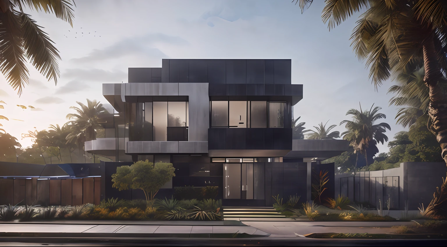 a rendering of a modern house with a palm tree in front of it, front elevation view, elevation view, detailed rendering, rendering, conceptual rendering, from street level, exterior design, detailed renderings, residential design, 3 d rendering, 3d rendering, architecture render, urban house, street elevation, digital rendering, conceptual, street level view, complete house, d render