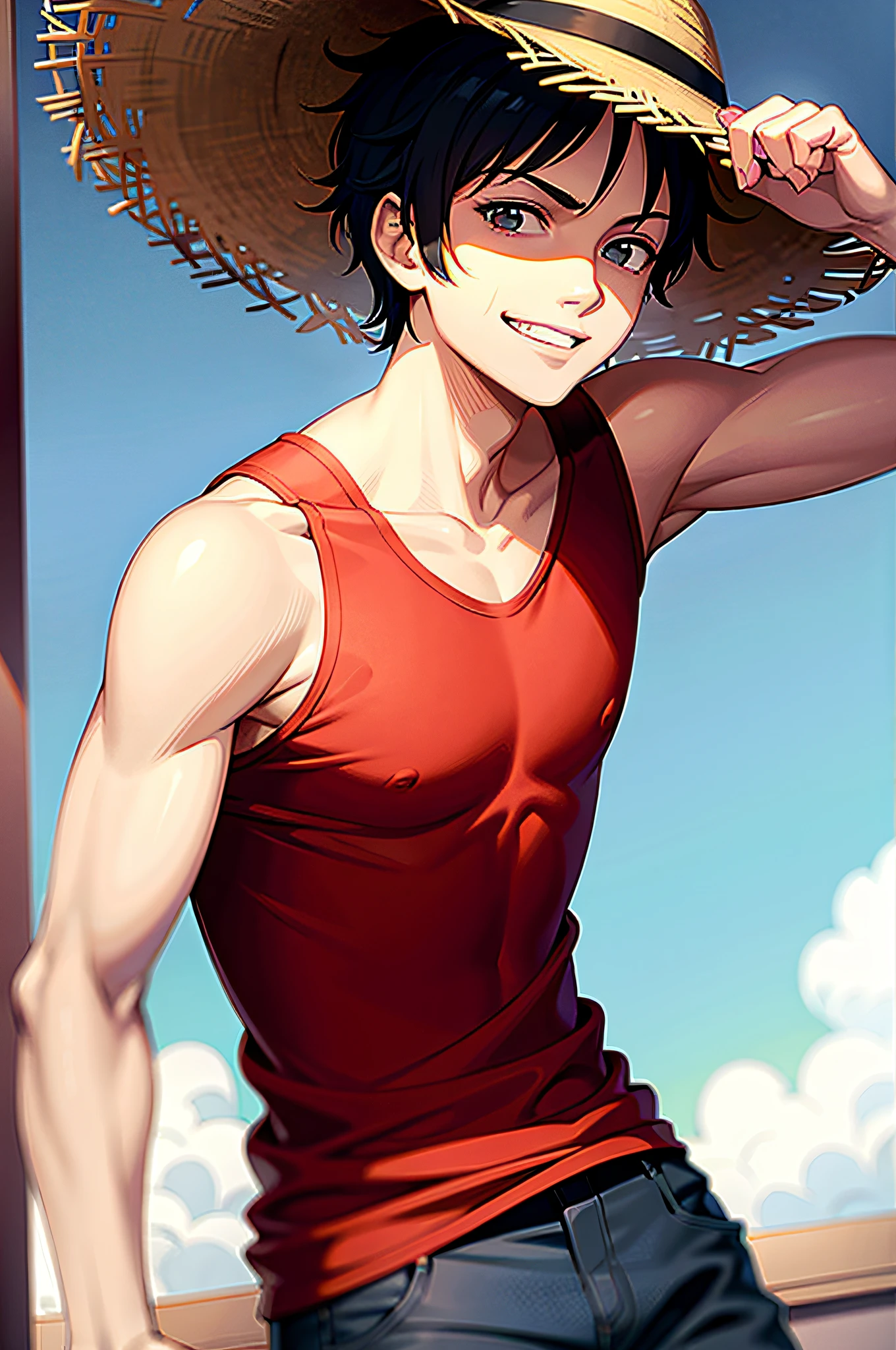 1boy, wanostyle, monkey d luffy, smiling, straw hat, looking at viewer, solo, upper body, ((masterpiece)), (best quality), (extremely detailed), depth of field, sketch, dark intense shadows, sharp focus, soft lighting, hdr, colorful, good composition, fire all around, spectacular, closed shirt, anime screencap, scar under eye, ready to fight, black eyes