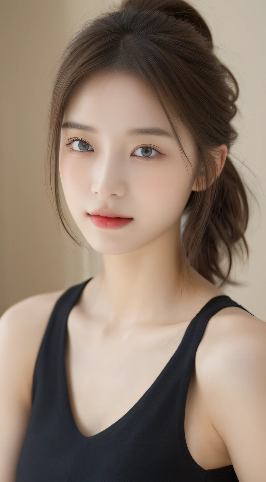 ((Best quality, 8k, Masterpiece :1.3)), 1girl, Pretty woman with emphasizing slender abs :1.3, (random hairstyles :1.2), Oversized tank top :1.2, Ultra-detailed face, Detailed eyes, Double eyelid, armpit