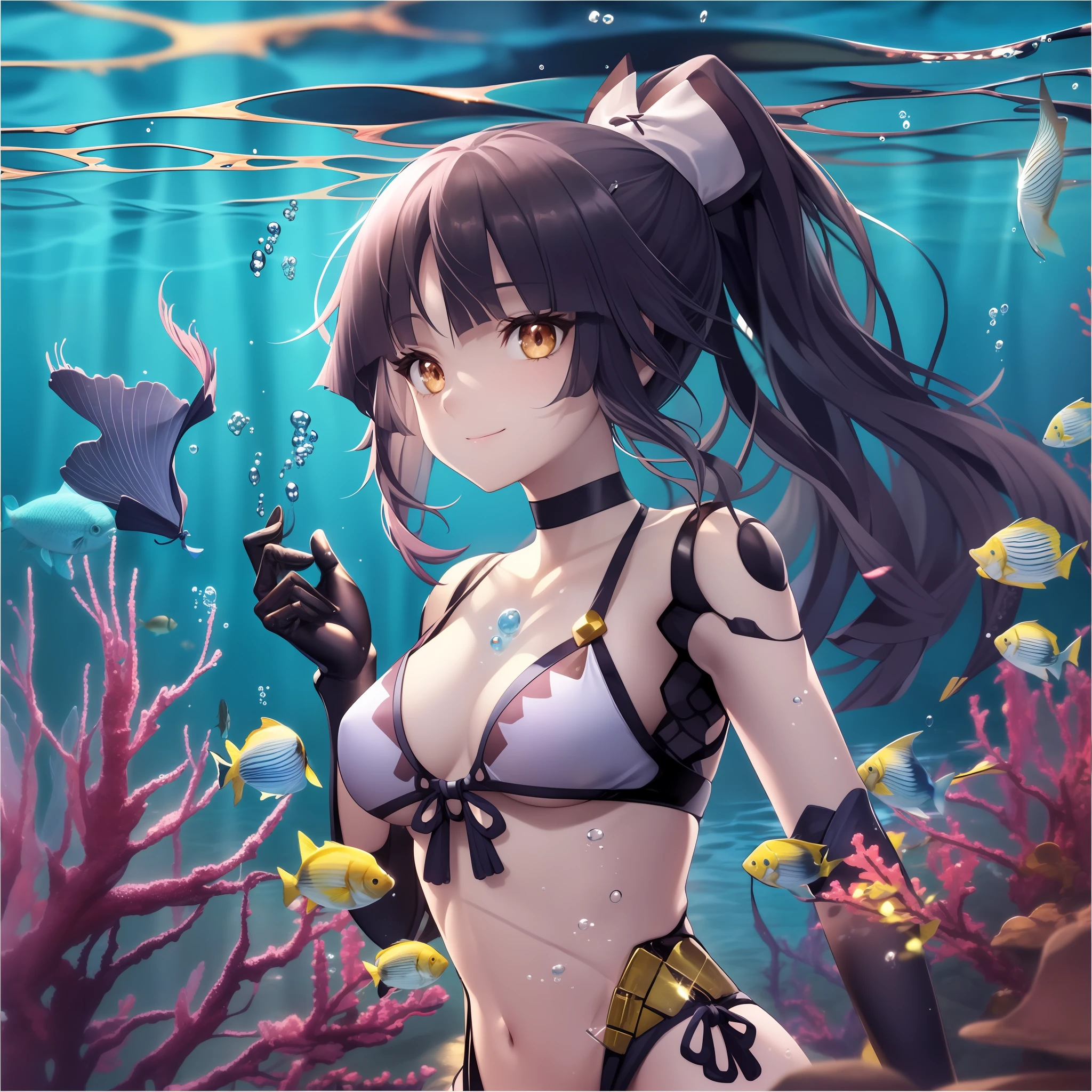 (((best quality))),((ultra-detailed)),(extremely detailed CG unity 8k wallpaper),high resolution, (extremely detailed illustration), MidsummerMemories, Danzo Bikini, 1girl, underwater, breasts, solo, medium breasts, cleavage, smile, air bubble, bubble, looking at viewer, fish, floating hair, closed mouth, high ponytail, ocean, under water, fish, jelly fish, ray tracing, under water light effect,
((refraction of the underwater sun)), ((rich colors)),(many bubbles),(lens flare),(ray tracing),