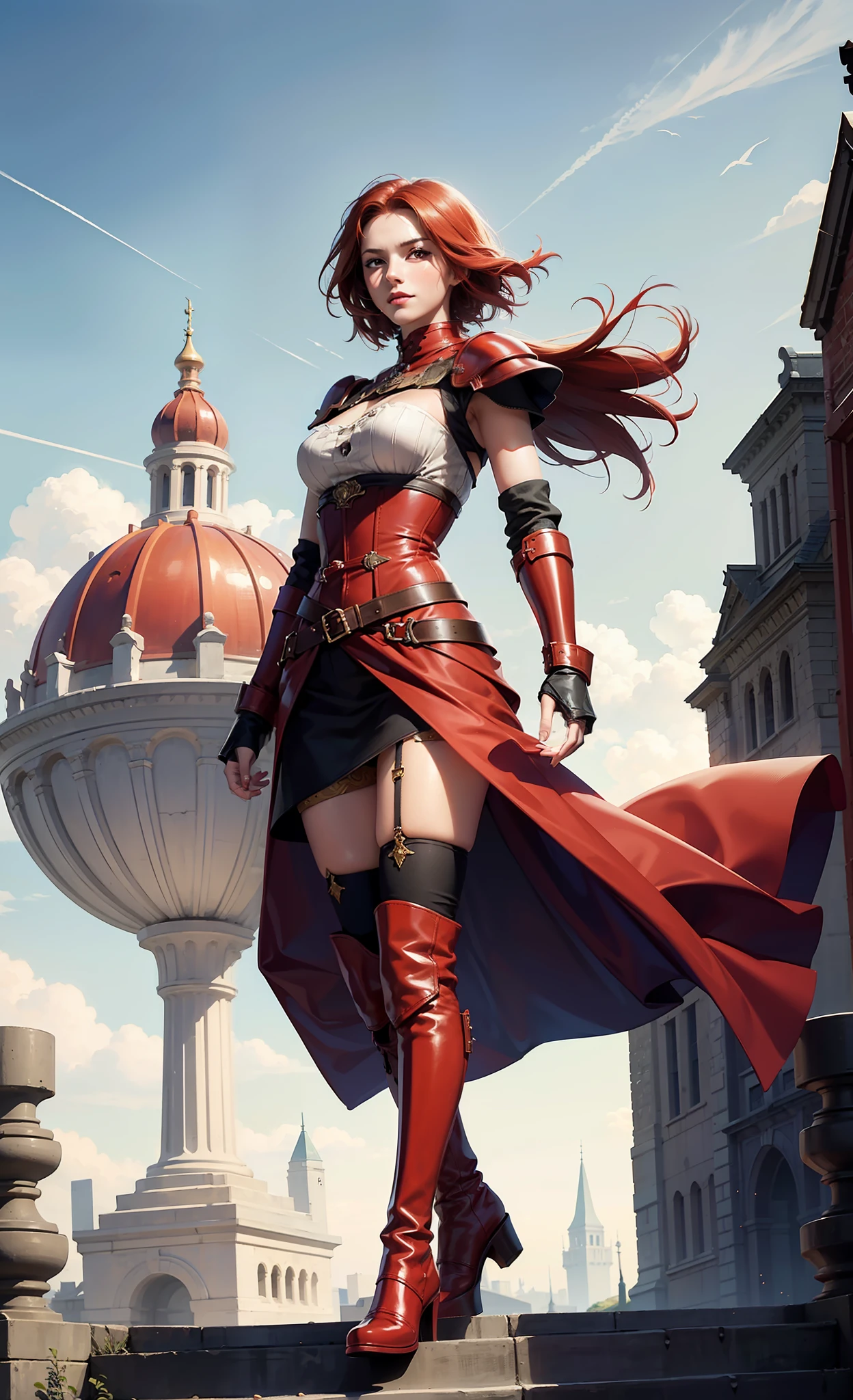masterpiece,best quality,solo, a woman walking in fantasy city,short red warrior hair,strong woman,brown corset,redish brown leather fantasy armor,brown knee high boots,beautiful red eyes,happy face expression,beautiful clouds in the sky