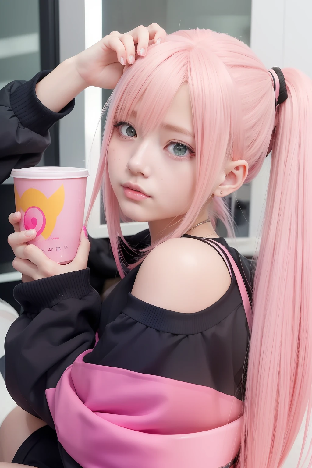 anime girl with pink hair and pink eyes holding a cup of liquid, anime girl drinks energy drink, pink twintail hair and cyan eyes, clean detailed anime style, anime style illustration, detailed portrait of an anime girl, digital anime illustration, anime style portrait, anime style hyper detailed, close up of a young anime girl, low resolution, Seductive Anime Girl
