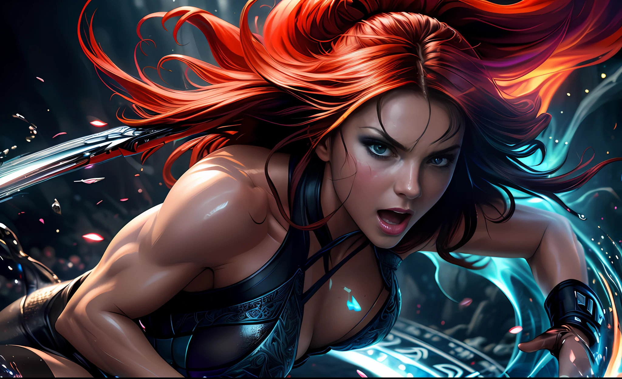 high contrast,  swirling light, (dark:1.2), deep shadow, darkness, realistic, closeup,

([Nina Dobrev|Adriana Lima]), 1girl, solo, red hair, sharp face, long hair, flowing hair, blue eyes, dynamic angle, full body, thicc,
magic circle, dark fantasy,

masterpiece, best quality, ultra-detailed, best shadow, BREAK,

[(colorful explosion psychedelic paint colors:1.2)::0.20],
thepit bimpo, sexy, glossy, armor,

hyper realistic, alive,
cinematic light, colorful, hyper detail, dramatic light, intricate details, pain splatter, depth of field, fire particles, broken glass, (sweltering:0.7),
