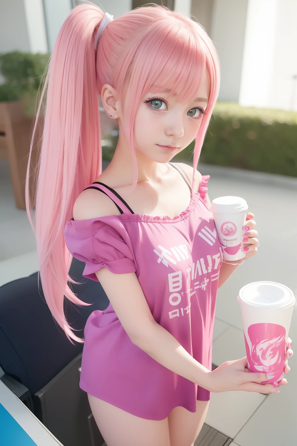 anime girl with pink hair and pink eyes holding a cup of liquid, anime girl drinks energy drink, pink twintail hair and cyan eyes, clean detailed anime style, anime style illustration, detailed portrait of an anime girl, digital anime illustration, anime style portrait, anime style hyper detailed, close up of a young anime girl, low resolution, Seductive Anime Girl