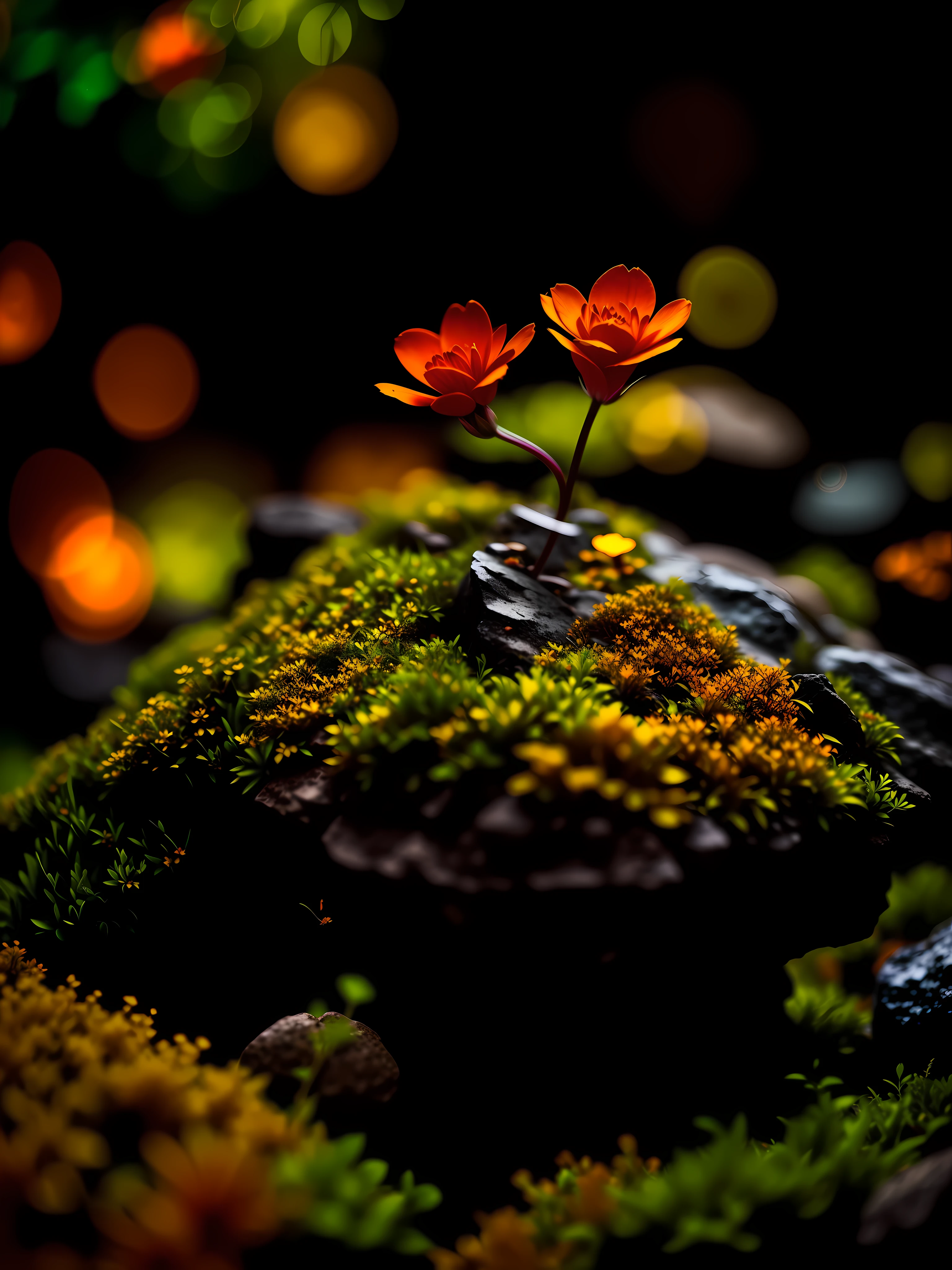 a small orange flower sitting on top of a moss covered rock, fade, slate gray, orange color lookup, (teal and orange:0.7), cinematic colors, vignette, lowkey, glowing, dark depth of field