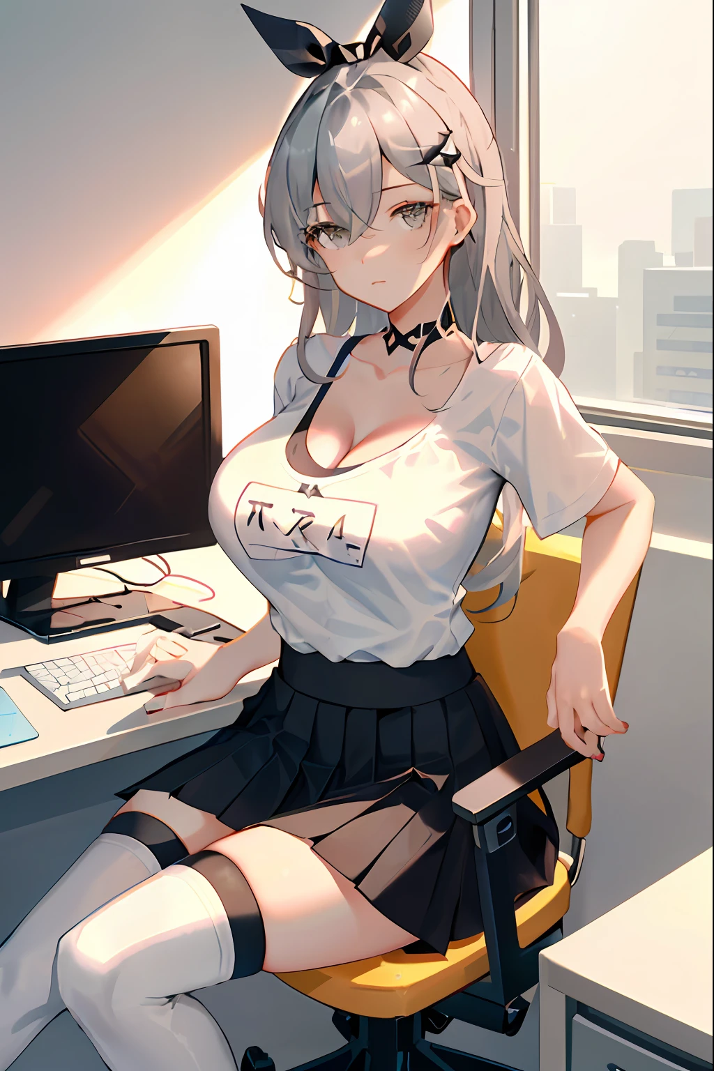 Silver wolf, honkai star rail, 1girl, solo, ((white shirt)), black thighhighs, breasts, cleavage, uniform, office background, black skirt, pleated skirt, office, hair between eyes, hair ornament, large breasts, long hair, looking at viewer, silver short nails, grey eyes, solo, thighhighs, thighs, ((masterpiece)), sitting, chair, desk, computer on desk, name tag, id tag, indoor, blush, sexy pose, hands behind, ((office top)),