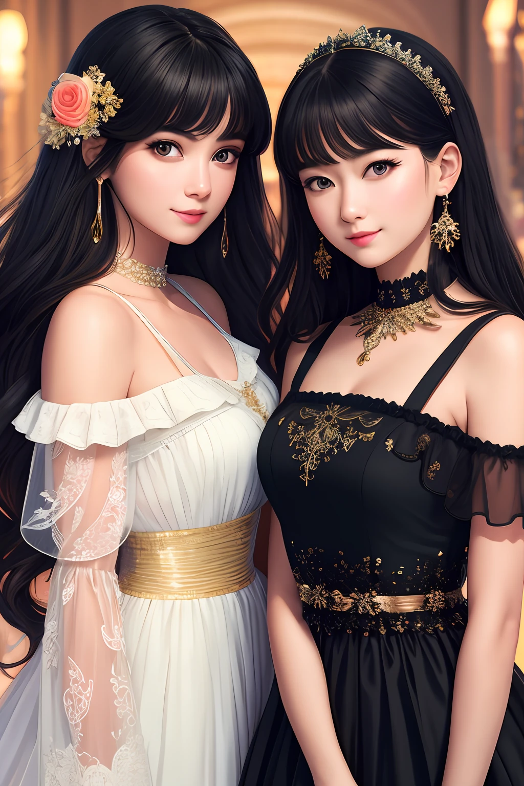 (illustration:1.1),(Best quality),(Masterpiece:1.1),(Extremely detailed Cg Unity 8K wallpaper:1.1), (Colorful:0.9),(Solo:1.2),sharp and clear focus， { 2 girls standing }, looking a viewer, make happy expressions, Soft smile, Pure, Beautiful face and eye details, Beauty fashion clothing department pattern detail, Black hair, Black eyes,