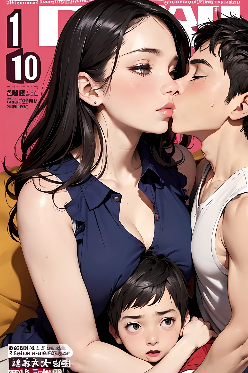 (colorful adult Magazine cover with lots of text),(close-up:1.2),pajamas, 1girl,Grasp by hand,(mother and son:1.5),(kiss:1.2),(A -yead boy4),(hug),(1boys:1.6),{26-year-old lactating woman},drunken eyes,Side Chest,open at the chest,disproportionate breasts, Nipples standing up,(sweat:1.2),((Sleeveless,sensual low-necked , open neckline:1.3)),,{hairbuns,Women's hairstyle}, (huge breasts:1.2), (areola:1.4),Ultra-fine face, detailed eye, Double-fold eyelids,ssmile,pervert