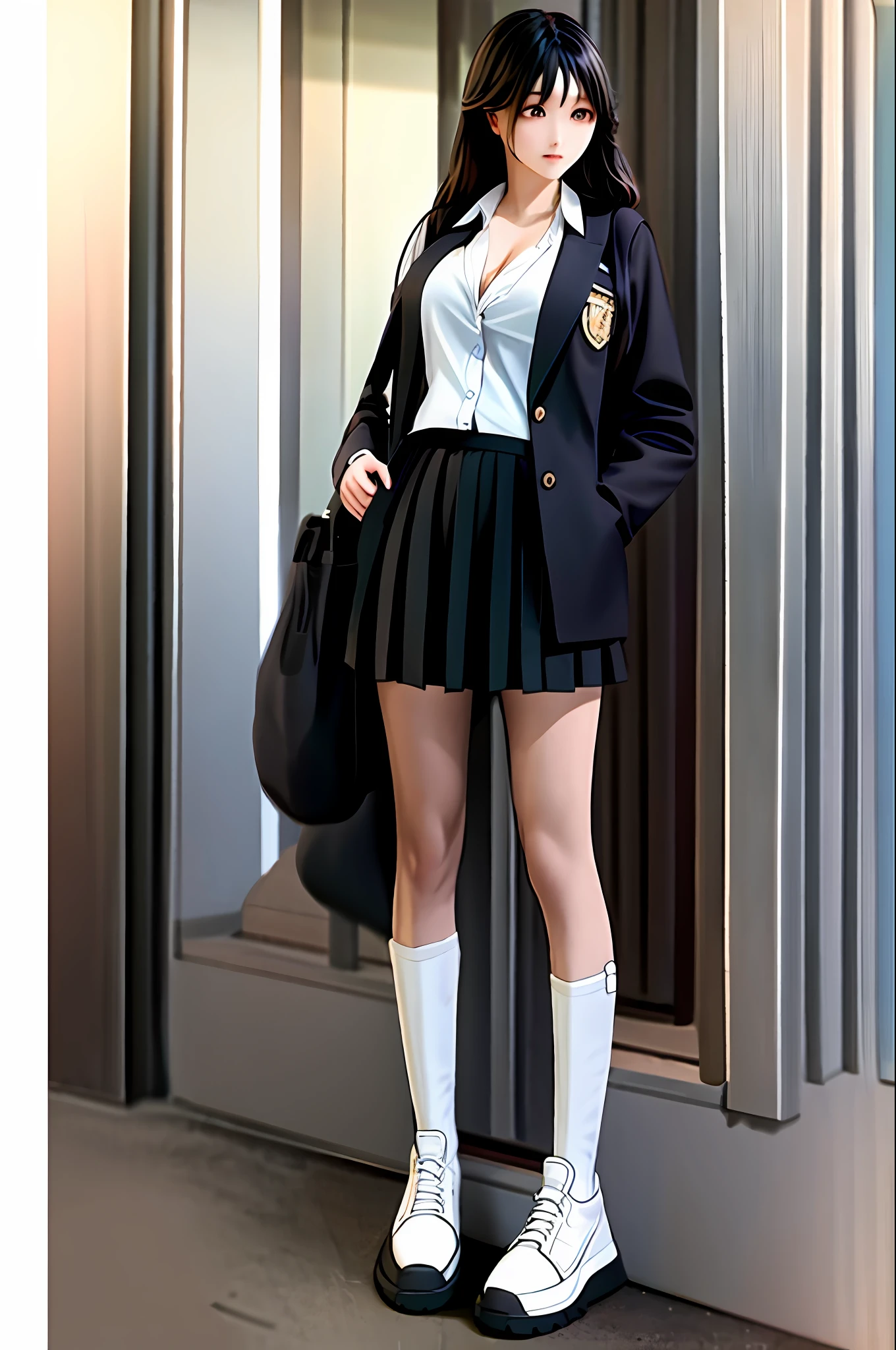 frontage,hoang lap,Original,Extremely Delicately Beautiful,beautiful detailed eyes and face,1girll,black_hair,looking_at_viewer,独奏,(tmasterpiece:1.4),(best qualtiy:1.4),White sneakers,big cleavage breasts,black color hair,The eye,Very long hair,Shenzhen school uniform,White and blue pleated skirt,bluntbangs,