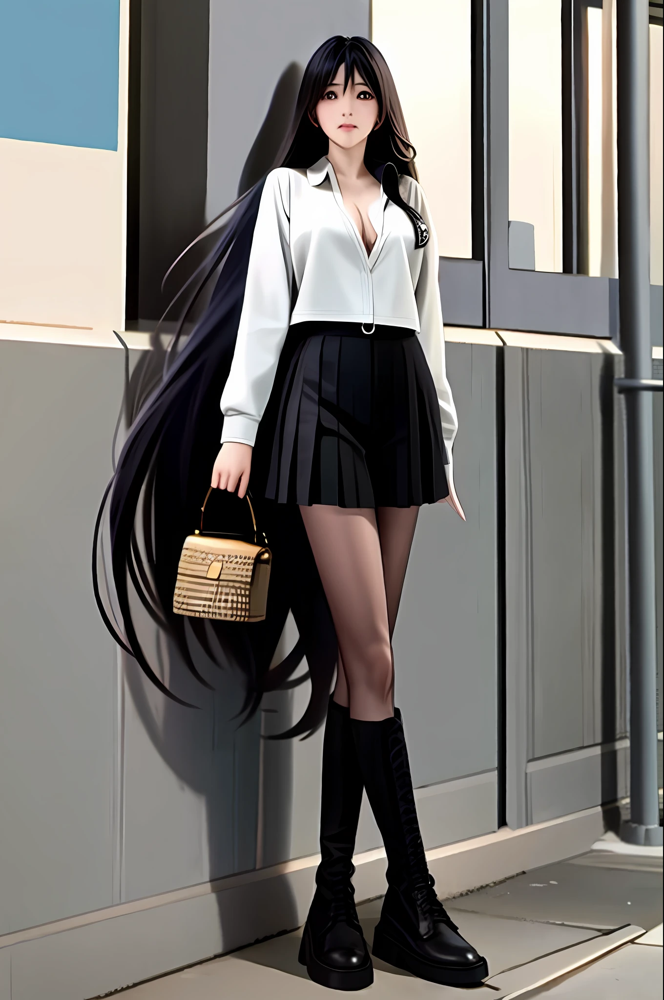 frontage，hoang lap，Original，Extremely Delicately Beautiful，beautiful detailed eyes and face，1girll，black_hair，looking_at_viewer，独奏，（tmasterpiece：1.4），（best qualtiy：1.4），White sneakers，big cleavage breasts，black color hair，The eye，Very long hair，Shenzhen school uniform，White and blue pleated skirt，bluntbangs，