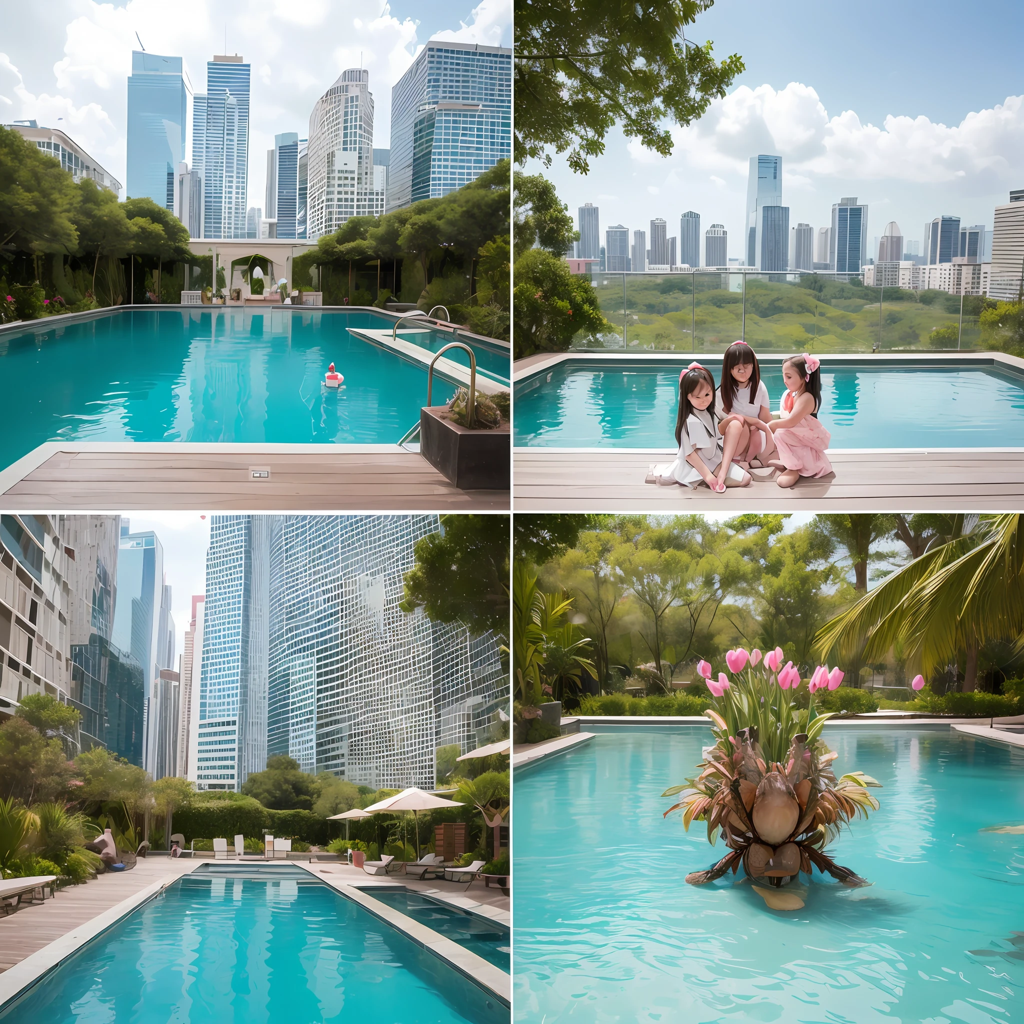 180-storey infinity pool,The tallest building in the city's forest,Sports Center,Bonsai around,Luo Han Song,coconut palms,coconut crab,tulips,Rose flower,Tease the alpacas to play,There were five little girls wearing openwork translucent stockings,Pouting and smiling,is shy,Pout,Pink, gold, White, Blue, Five colors, Two-tailed hair and cyan eyes,Anime little girl in servant costume