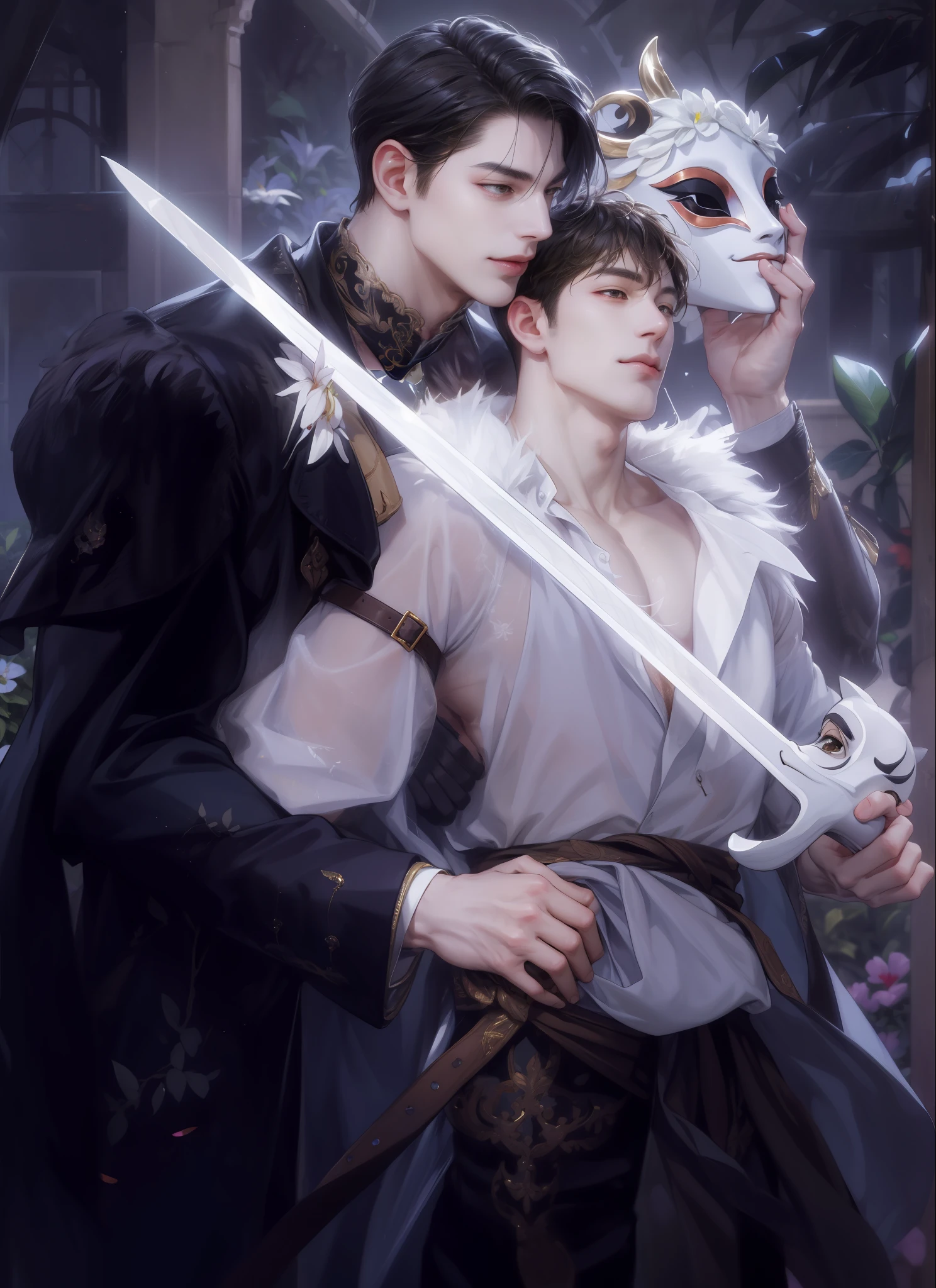 (absurdres, highres, ultra detailed), 1man hug 1man, (((multiple boys))), mature, love, hug, upper body, gold and black hair, fantasy, spring, garden, brown open eyes with a man holding a party mask