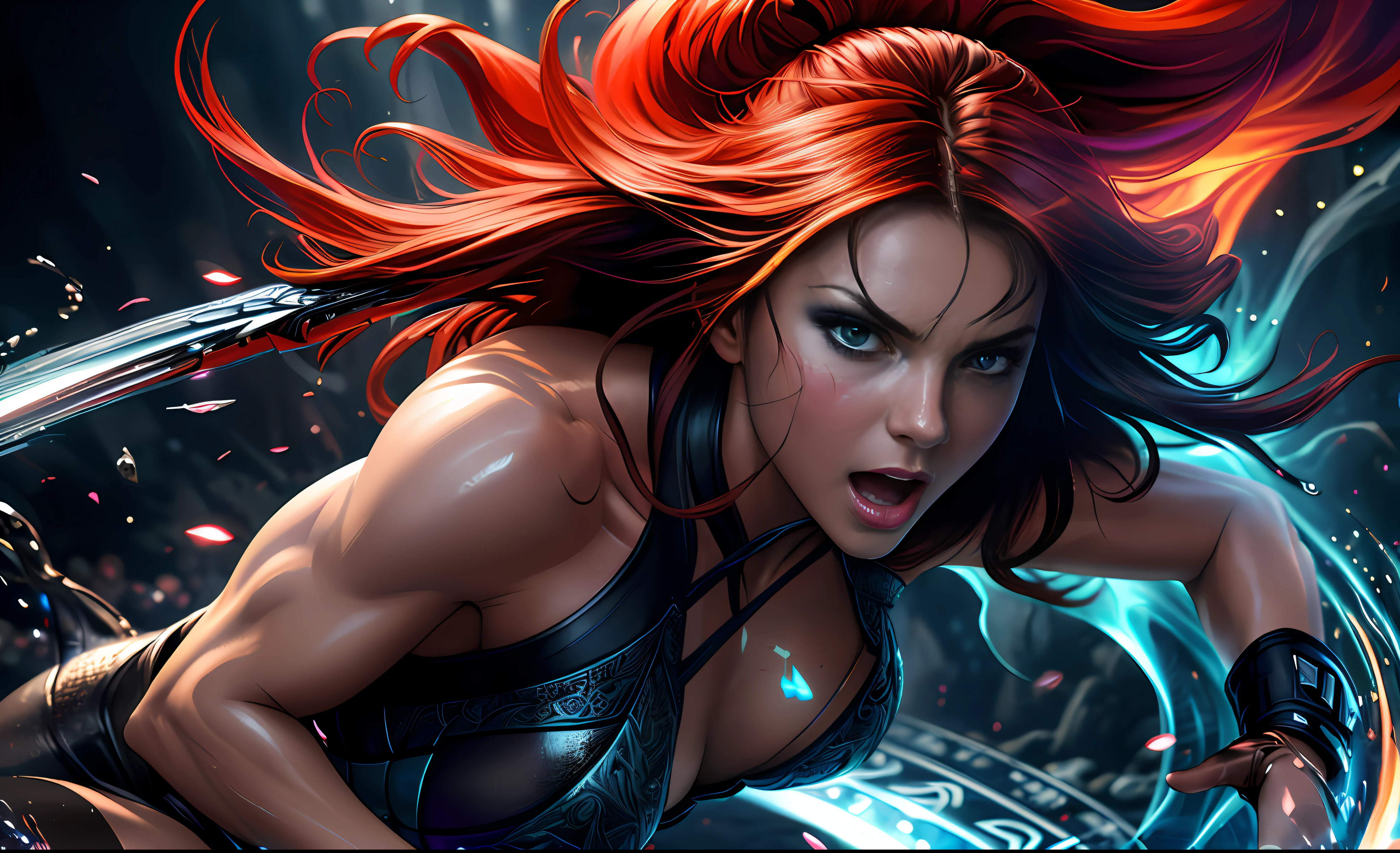 high contrast,  swirling light, (dark:1.2), deep shadow, darkness, realistic, closeup,

([Nina Dobrev|Adriana Lima]), 1girl, solo, red hair, sharp face, long hair, flowing hair, blue eyes, dynamic angle, full body, thicc,
magic circle, dark fantasy,

masterpiece, best quality, ultra-detailed, best shadow, BREAK,

[(colorful explosion psychedelic paint colors:1.2)::0.20],
thepit bimpo, sexy, glossy, armor,

hyper realistic, alive,
cinematic light, colorful, hyper detail, dramatic light, intricate details, pain splatter, depth of field, fire particles, broken glass, (sweltering:0.7),