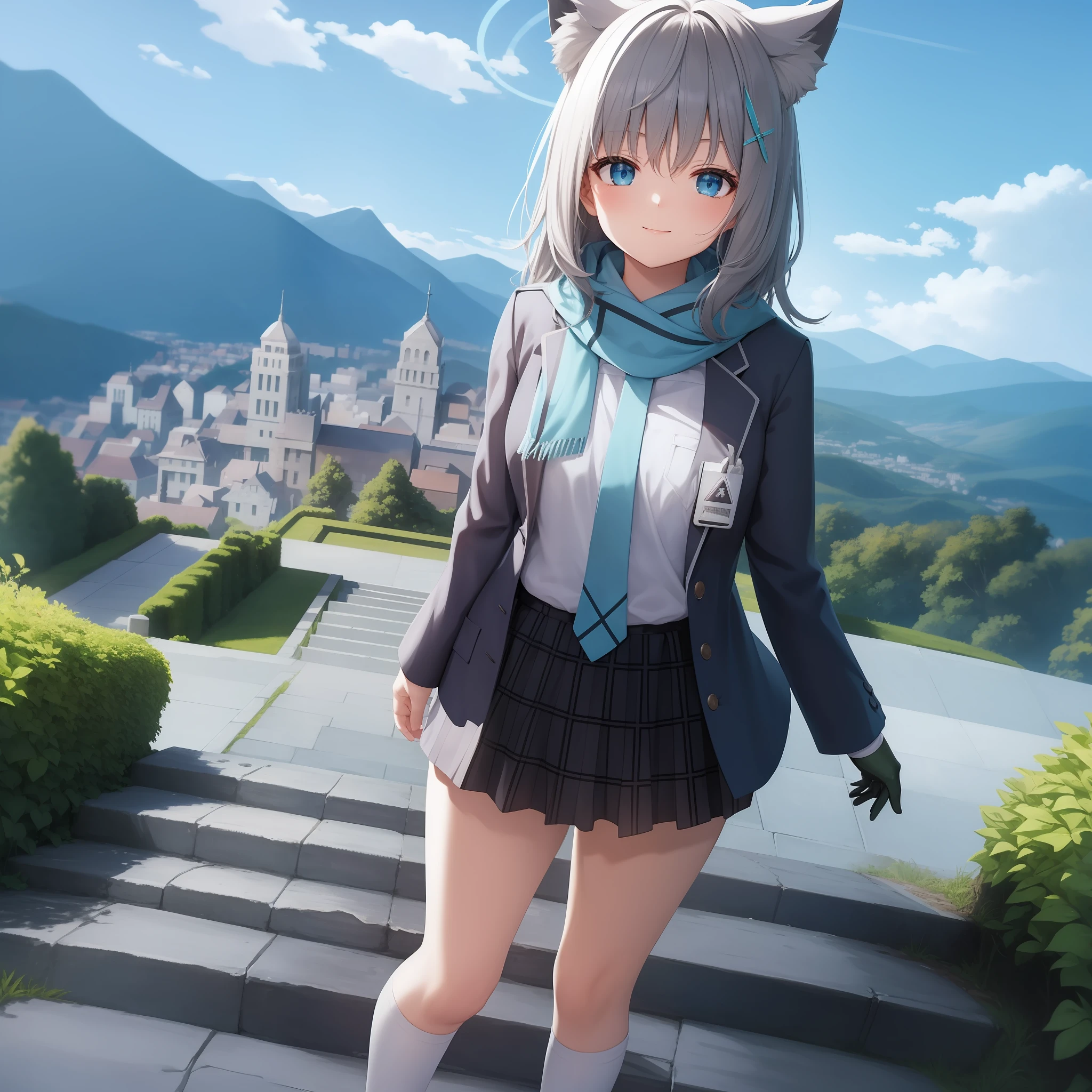 shirokoterror, upper body, smile, blush, outdoors, day, simple background, blue sky, sky, temple, looking at viewer, stairs, mountain, moody lighting, facing viewer,