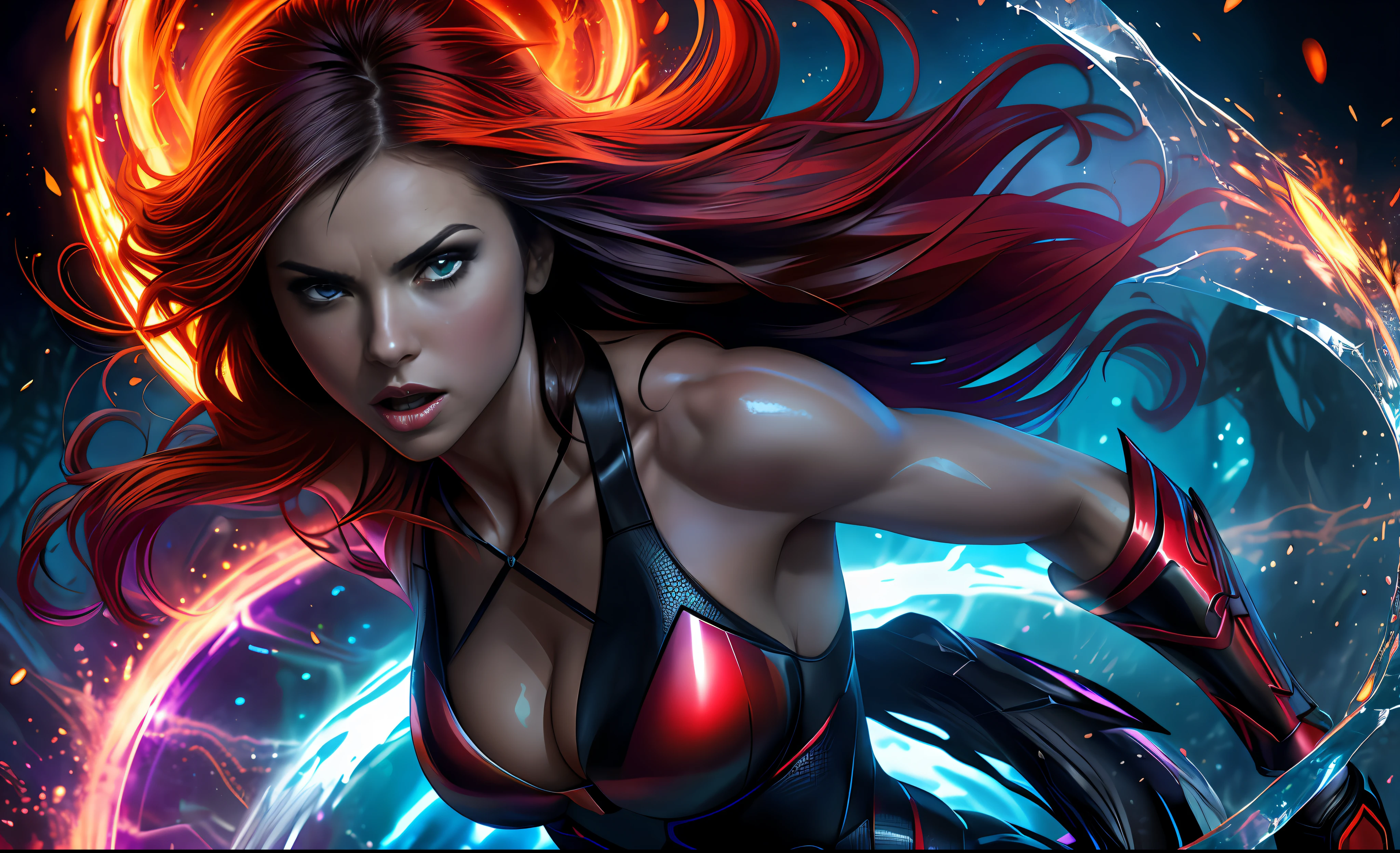 high contrast,  swirling light, (dark:1.2), deep shadow, darkness, realistic, closeup,

([Nina Dobrev|Adriana Lima]), 1girl, solo, red hair, sharp face, long hair, flowing hair, blue eyes, dynamic angle, full body, thicc,
magic circle, dark fantasy,

masterpiece, best quality, ultra-detailed, best shadow, BREAK,

[(colorful explosion psychedelic paint colors:1.2)::0.20],
thepit bimpo, sexy, glossy, armor,

hyper realistic, alive,
cinematic light, colorful, hyper detail, dramatic light, intricate details, pain splatter, depth of field, fire particles, broken glass, (sweltering:0.7),