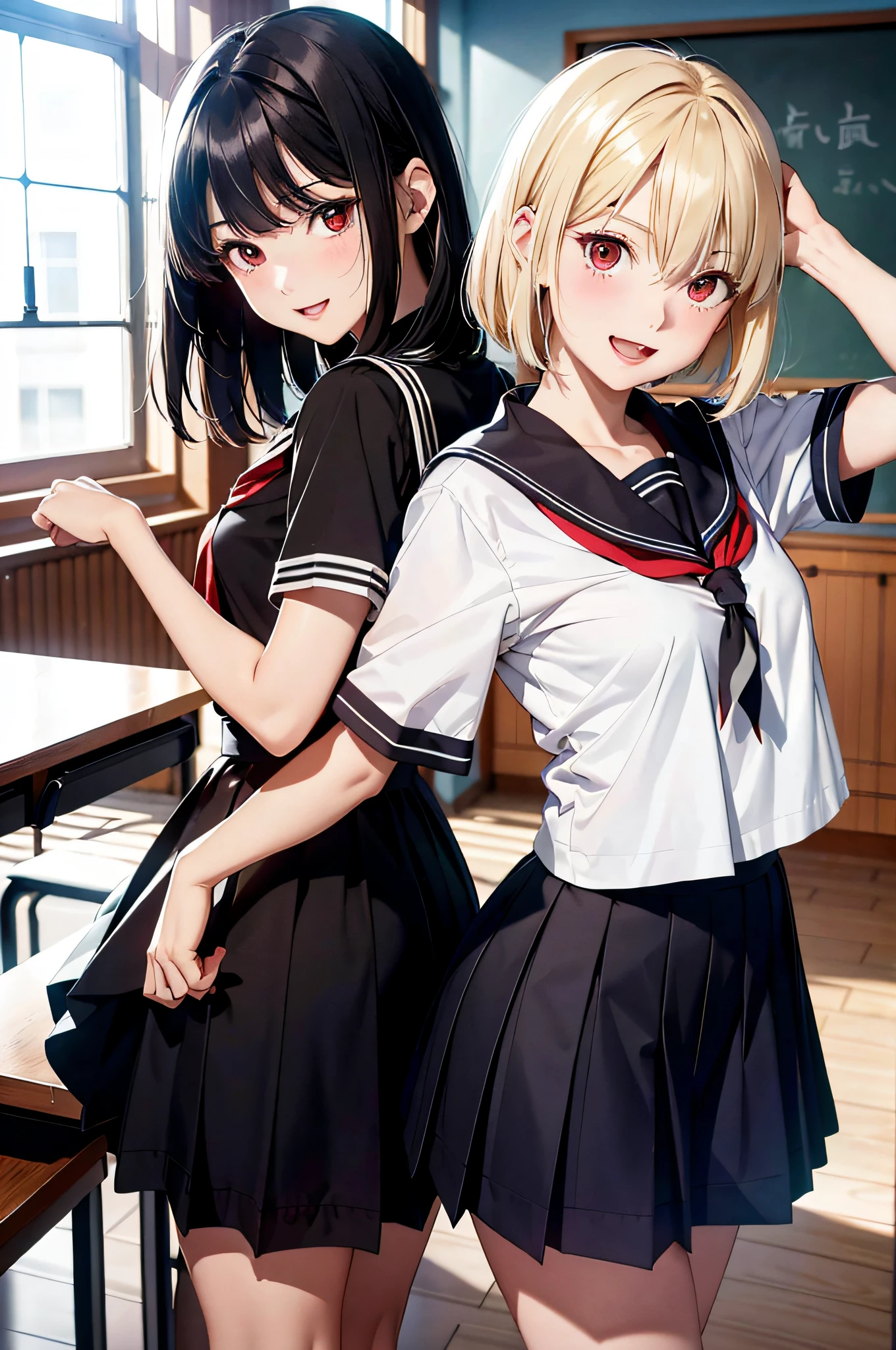 (top-quality、in 8K、32K、masterpiece、nffsw、超A high resolution、Impresionismo、Photorealsitic:1.2)、Full body, Inside the classroom、Schools、Evening glow、beauitful face、blurry backround、16-year-old beautiful girl、shinny skin、bob cuts、Beautiful black hair、Red Eyes、(Katyusha:1.2)、a sailor suit、Pleated miniskirt、Curve、dynamicposes、Smile with open mouth、Two girls