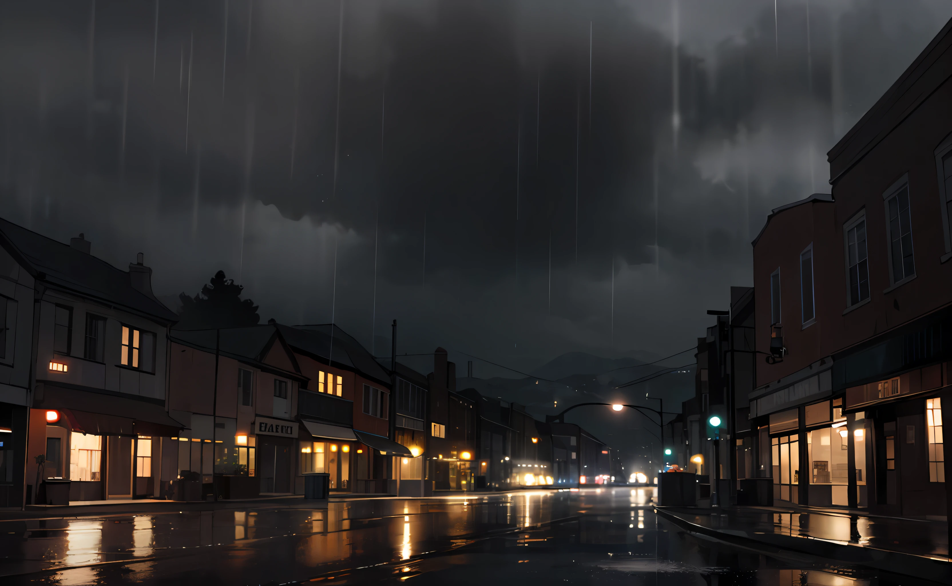 A dark and rainy night in a small town