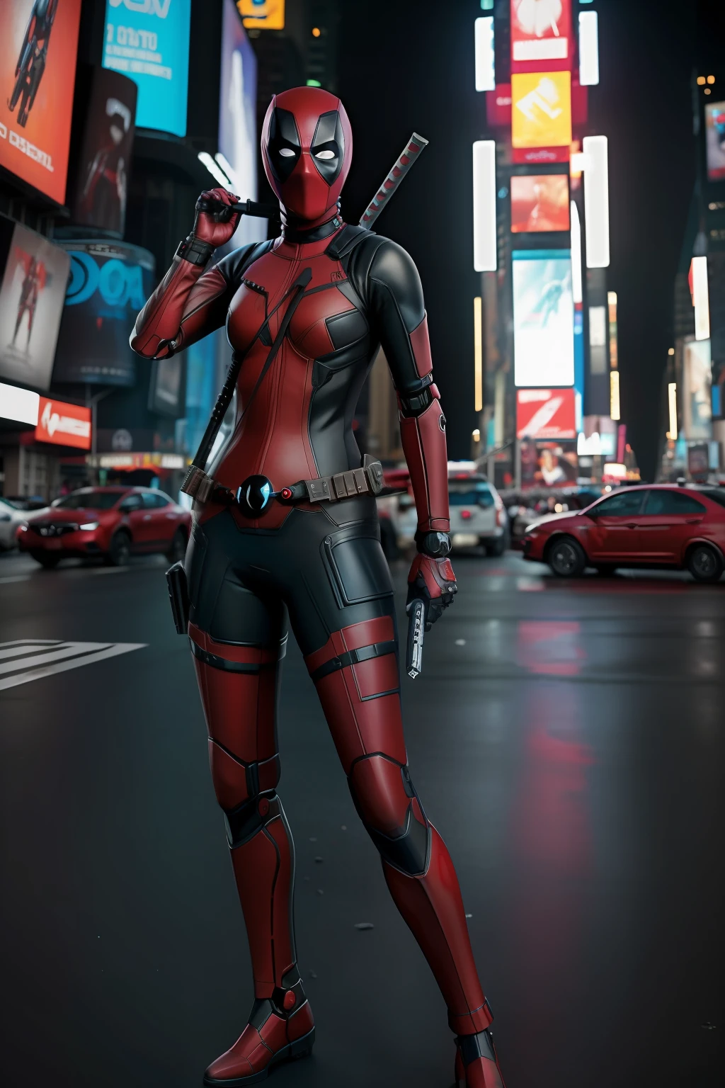 cidade nova ioque, Avenida time square, foto de Mulher vestida como Deadpool da Marvel,
Biomechanicals, complex robot, crescimento pleno,
hyper-realistic, pequenos detalhes insanos, forte,
Extremely sharp lines, Cyberpunk aesthetics,
uma obra-prima apresentada em Zbrush Central