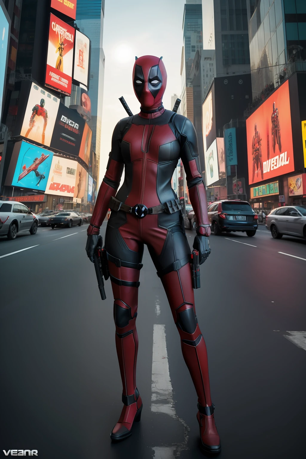 cidade nova ioque, Avenida time square, foto de Mulher vestida como Deadpool da Marvel,
Biomechanicals, complex robot, crescimento pleno,
hyper-realistic, pequenos detalhes insanos, forte,
Extremely sharp lines, Cyberpunk aesthetics,
uma obra-prima apresentada em Zbrush Central