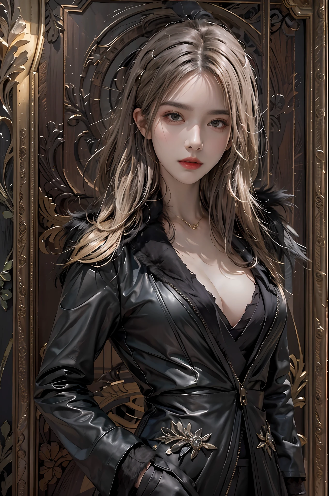 photorealistic, high resolution, 1women, solo, hips up, look at viewer, (detailed face), blode hair, black elegantsuit, black fur coat, jewelry