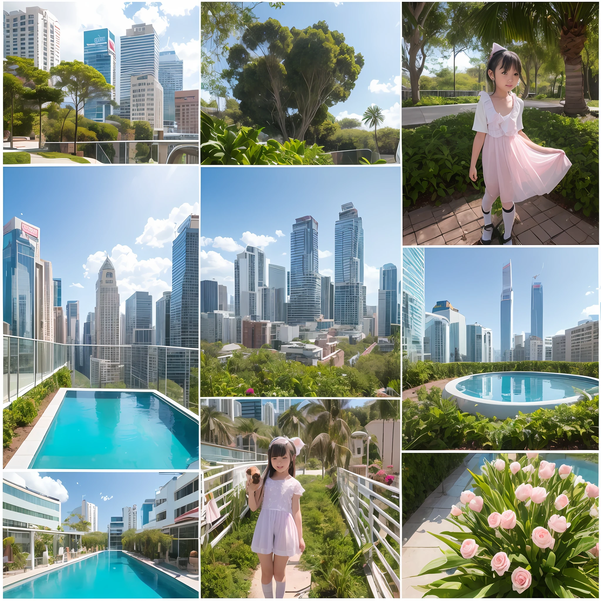 180-storey infinity pool,The tallest building in the city's forest,Sports Center,Bonsai around,Luo Han Song,coconut palms,coconut crab,tulips,Rose flower,Tease the alpacas to play,There were five s wearing openwork translucent stockings,Pouting and smiling,is shy,Pout,Pink, gold, White, Blue, Five colors, Two-tailed hair and cyan eyes,Anime little girl costume