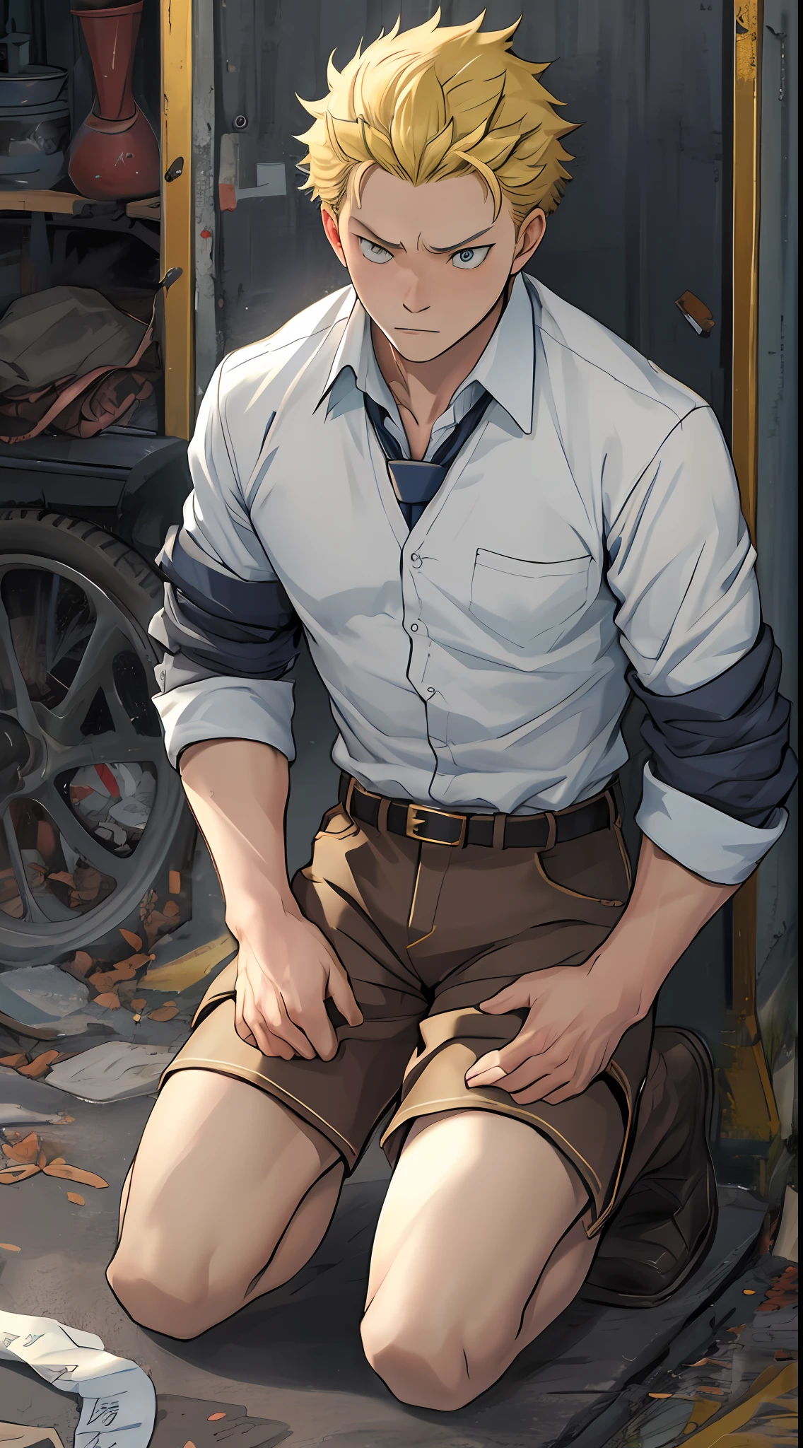(1 Adult male),A high resolution, Sharp focus, Pixiv masterpiece, ((Complicated details)), highly detailed, natsuki_subaru, 1 man,Defeat, crestfallen,full bodyesbian,kneels on the ground, (A gesture of pleading),blue color eyes(eyes glowing), Short yellow hair,white shirt,Wear a tie,Wear a belt,perspire,look from down