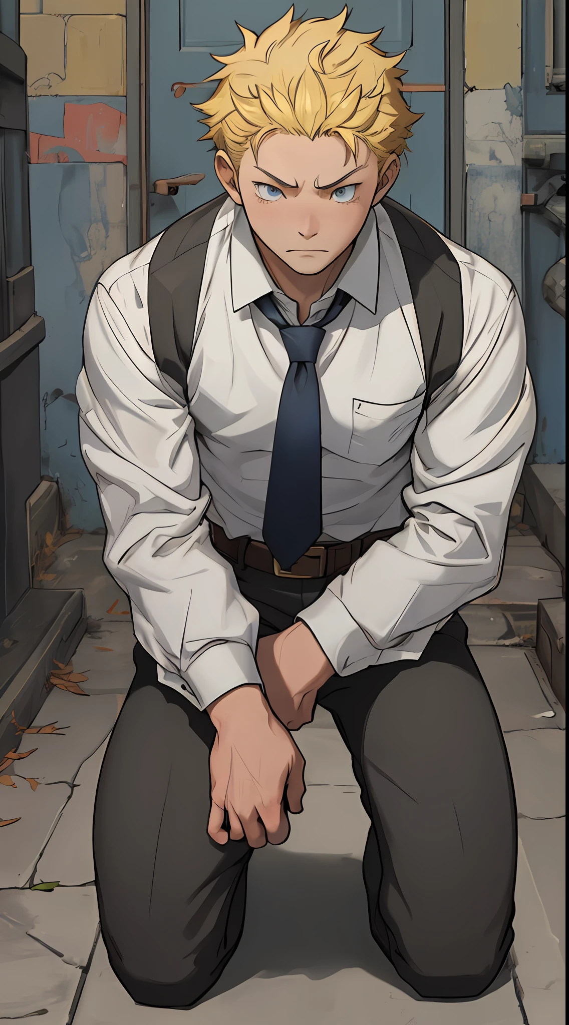 (1 Adult male),A high resolution, Sharp focus, Pixiv masterpiece, ((Complicated details)), highly detailed, natsuki_subaru, 1 man,Defeat, crestfallen,full bodyesbian,kneels on the ground, (A gesture of pleading),blue color eyes(eyes glowing), Short yellow hair,white shirt,Wear a tie,Wear a belt,perspire,look from down